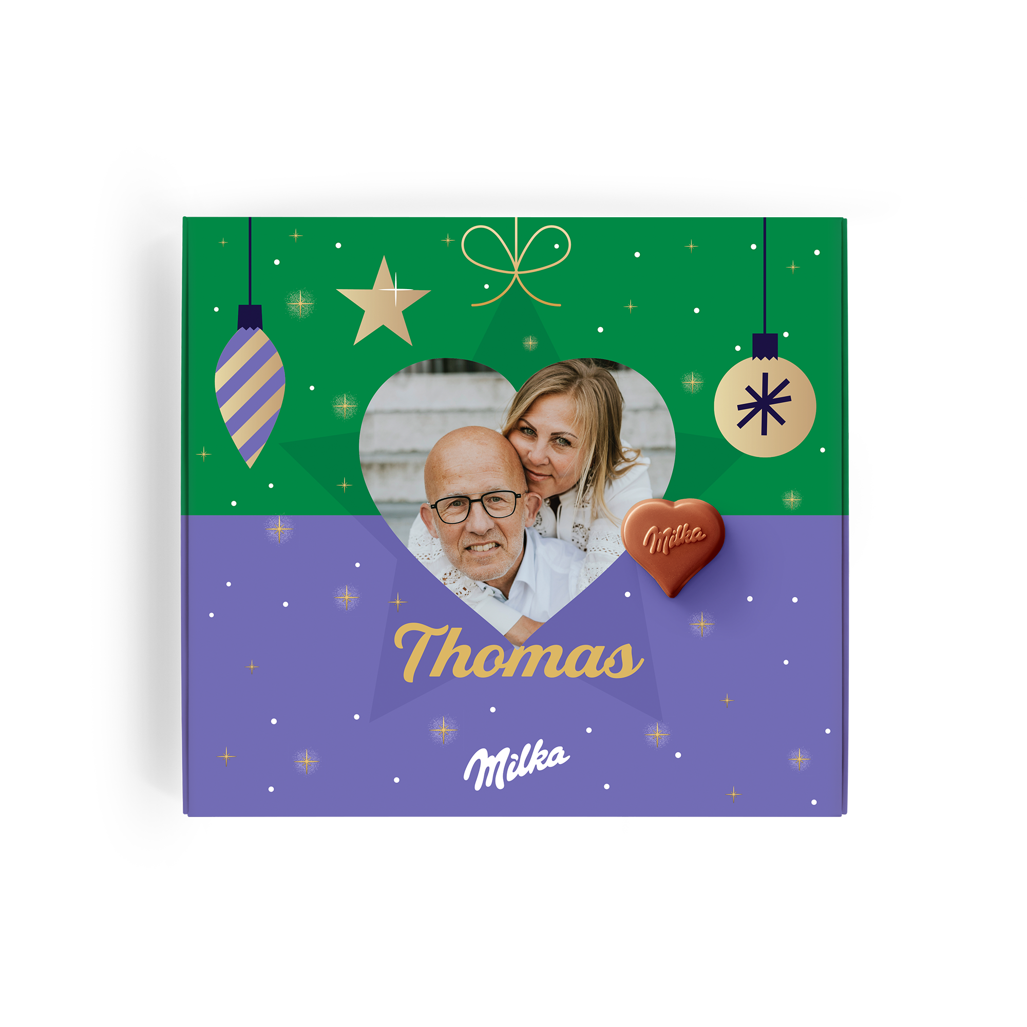 Coffret Milka personnalisé pour Noël, imprimé avec photo, le prénom Thomas et décorations de fêtes