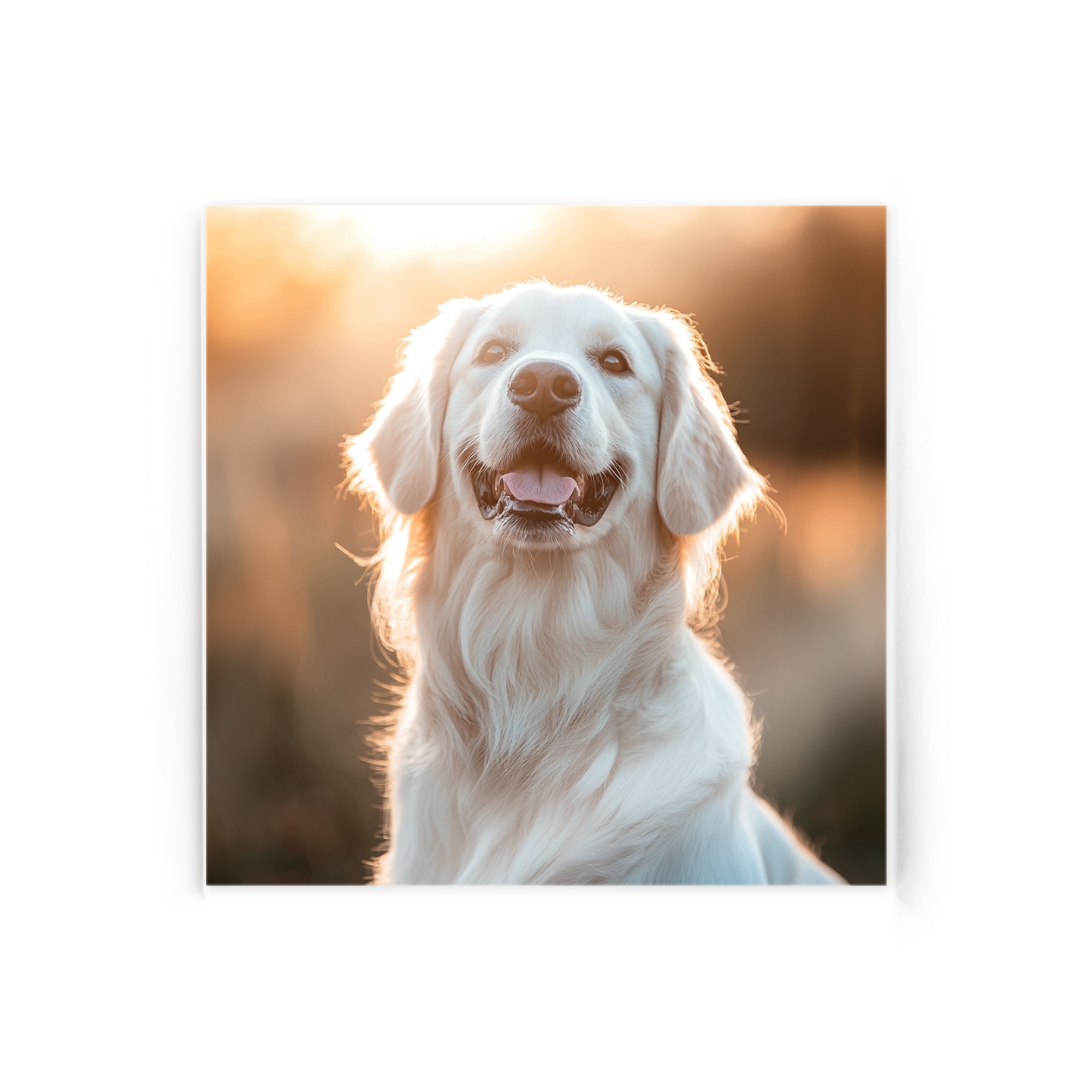 Bilde på akryl med et smilende golden retriever-ansikt, personaliserbar med ditt mest minneverdige øyeblikk.