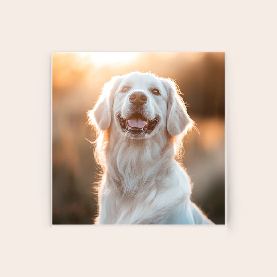 Foto su acrillico Foto su acrilico personalizzata con un golden retriever bianco che sorride in controluce, immortalando un momento memorabile