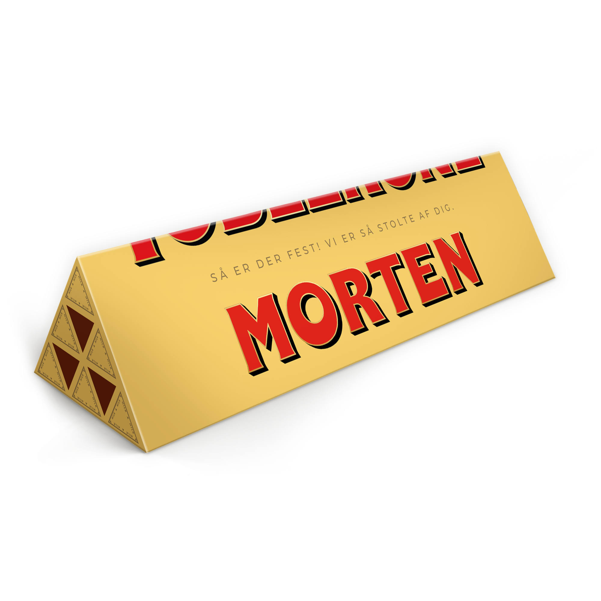 Personlig Toblerone-bar - 1800 gram med printet gul indpakning og teksten 
