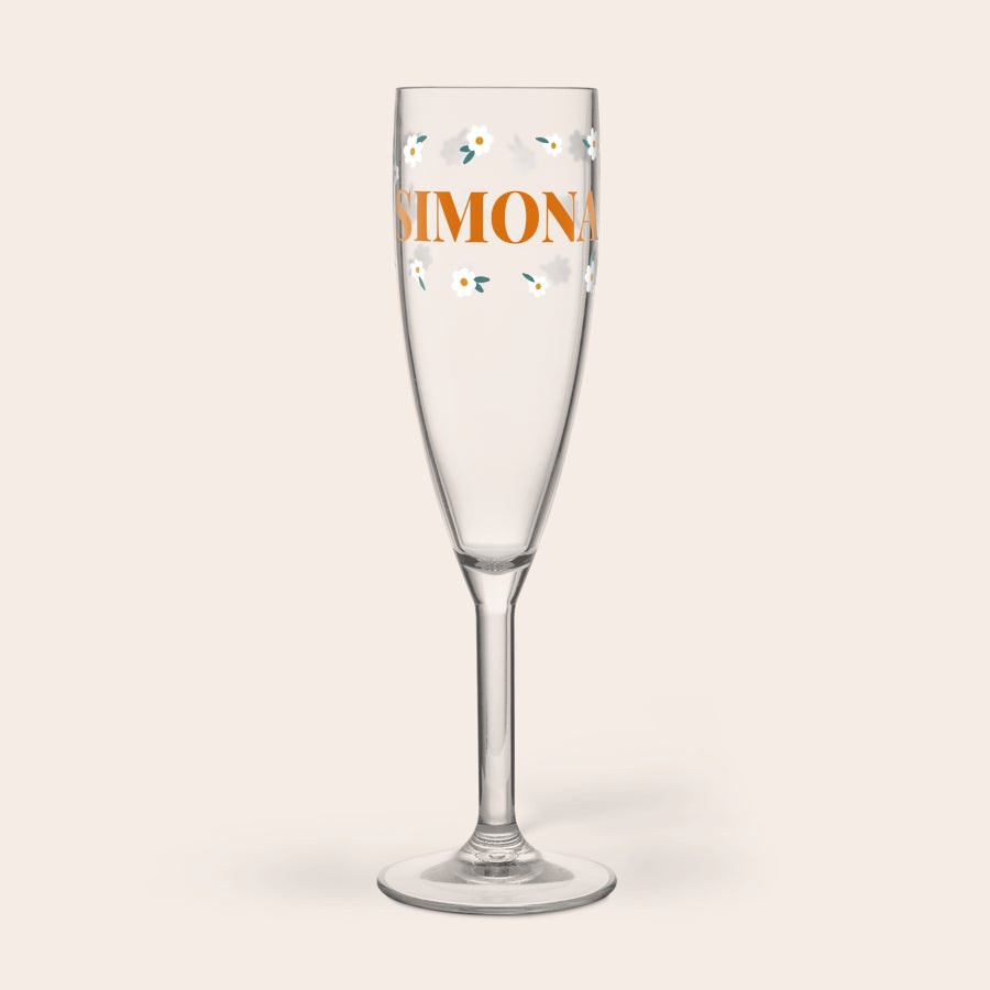 Calice per Champagne in Plastica - Stampato Calice per champagne in plastica personalizzato con il nome "SIMONA" e fiori bianchi, stampato con tecnologia UV
