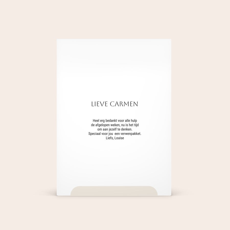 Kneipp Vrouw set gift box Kneipp Soft Skin giftbox met gepersonaliseerde boodschap voor Carmen, gedrukt in full-colour.