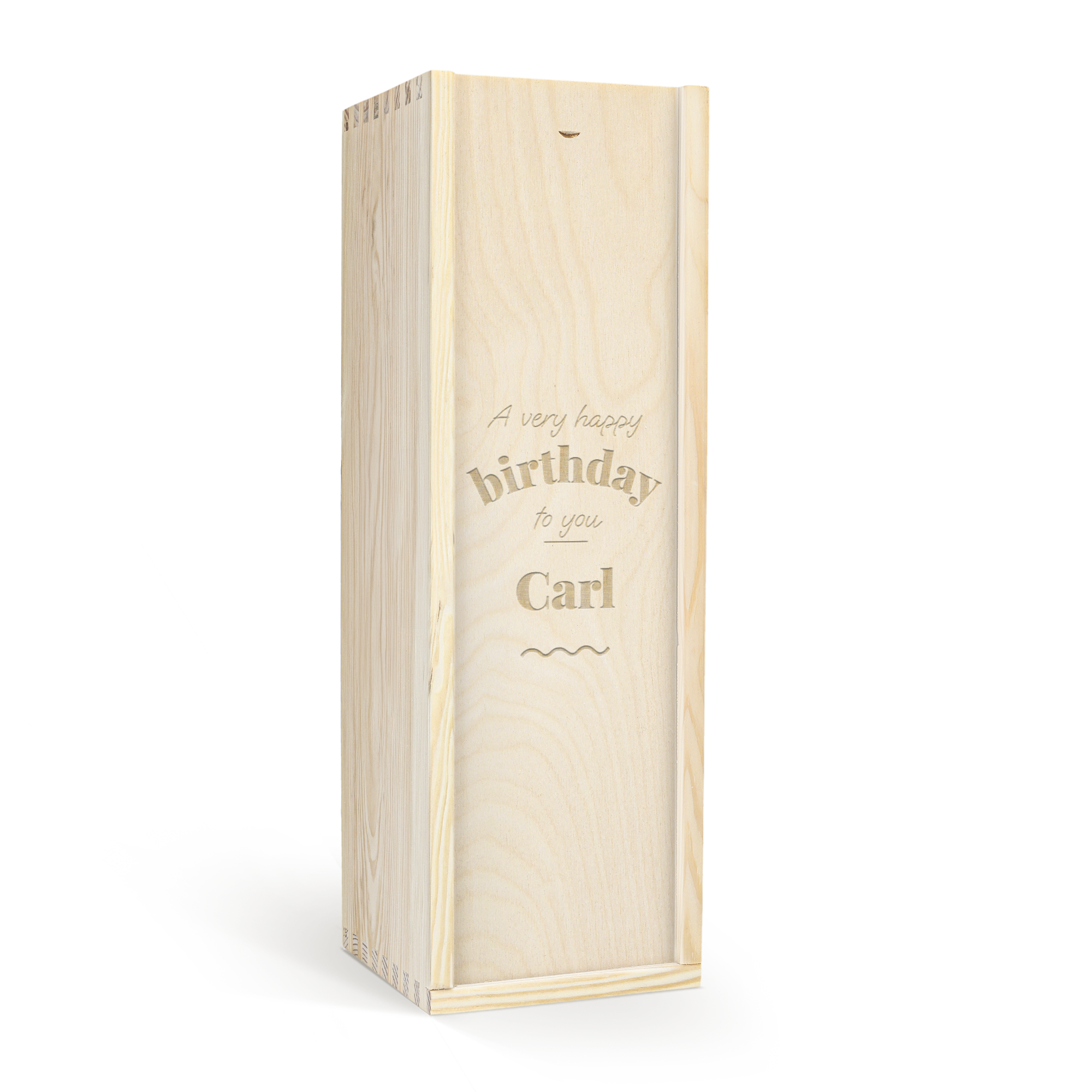 En graverad träask för Graham's 10-åriga portvin med texten A very happy birthday to you Carl.