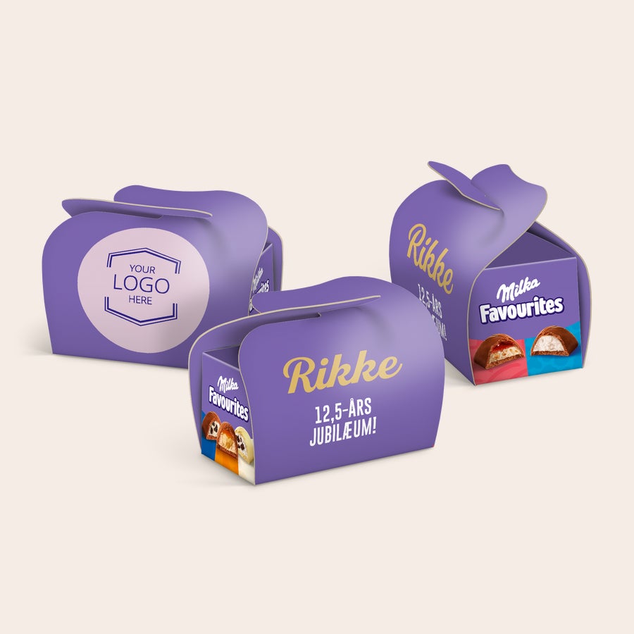 Milka Favourites multipak-gaver – personlige Lilla Milka chokoladeæsker med personligt trykt navn Rikke og teksten 12,5-ÅRS JUBILÆUM