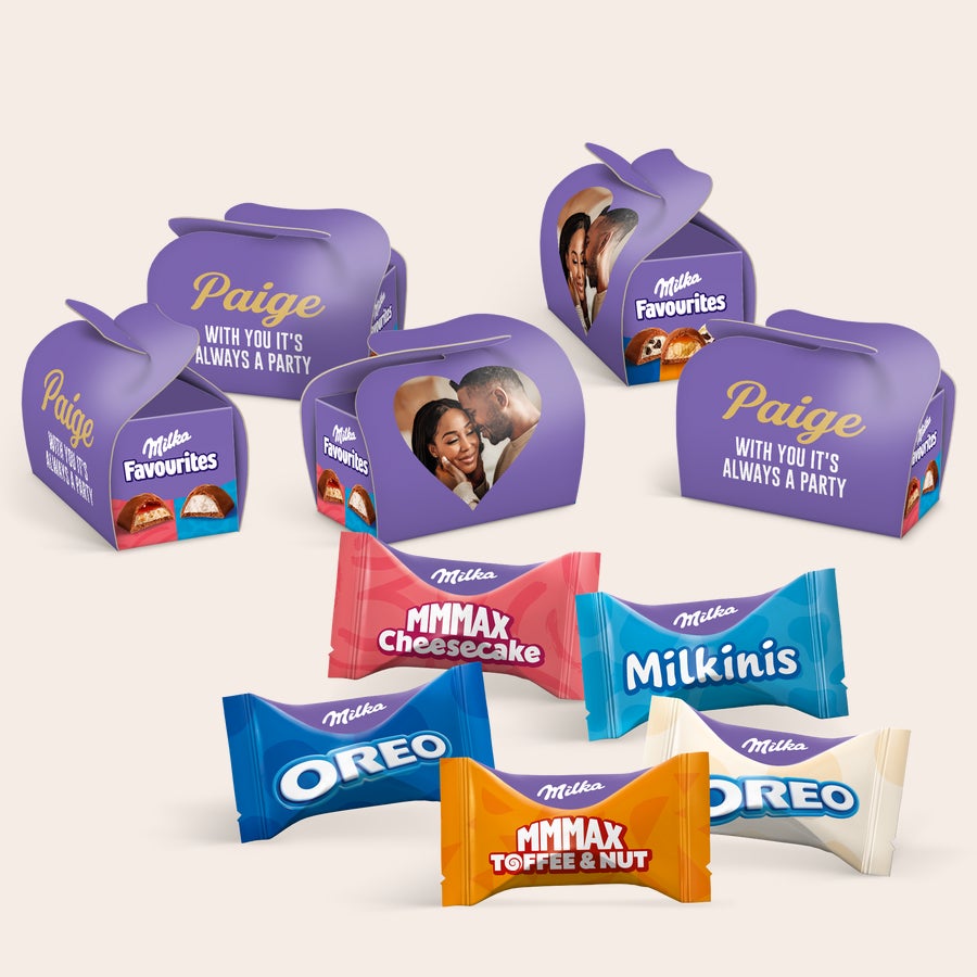 Regalini Milka Favourites multipack – personalizzati Scatole Milka Favourites viola personalizzate con nome e foto di coppia e cioccolatini assortiti Condividi piccoli momenti di magia viola con il tuo tocco personale