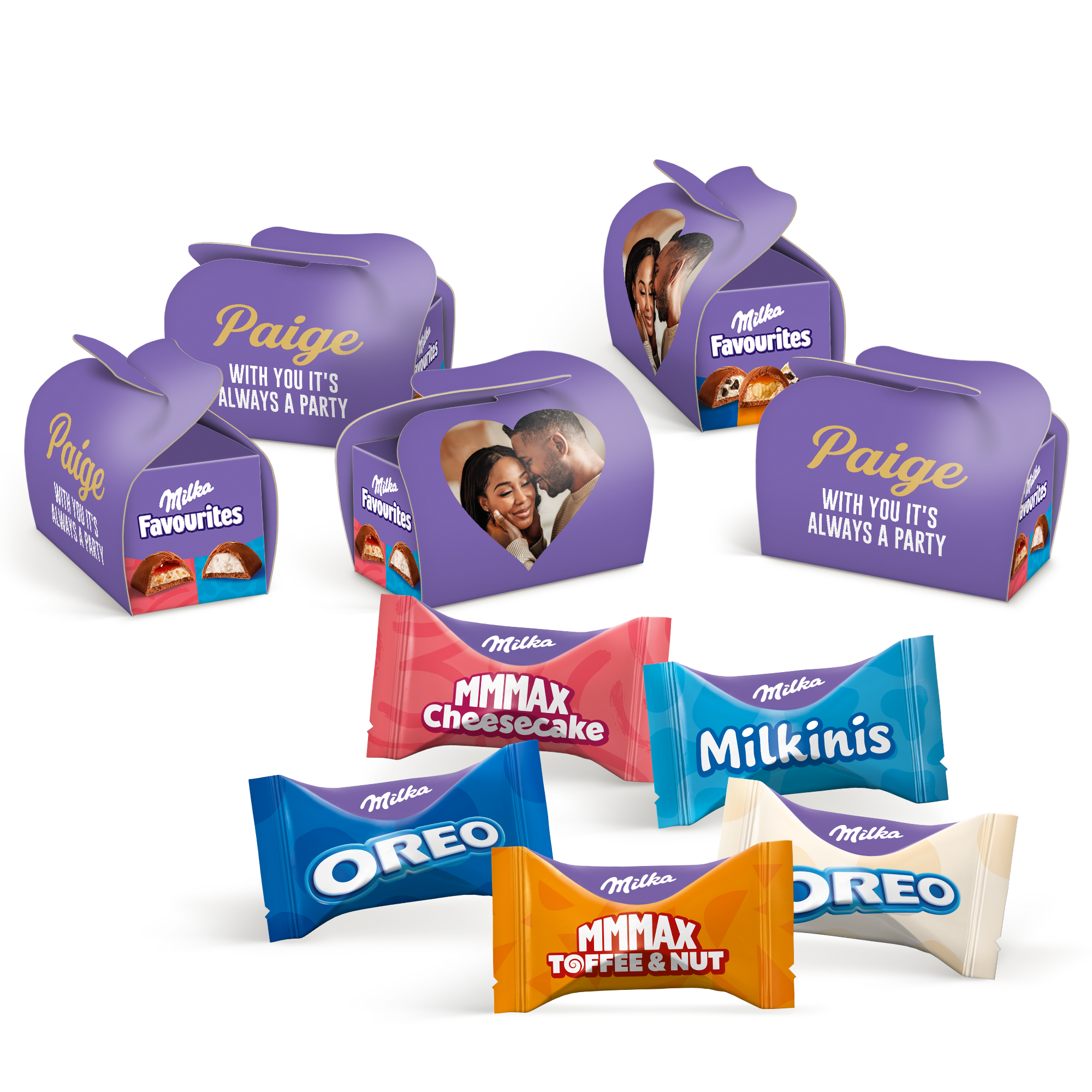 Personalized Milka Favourites chocolate boxes with names, custom photos, and sweet messages printed in purple.