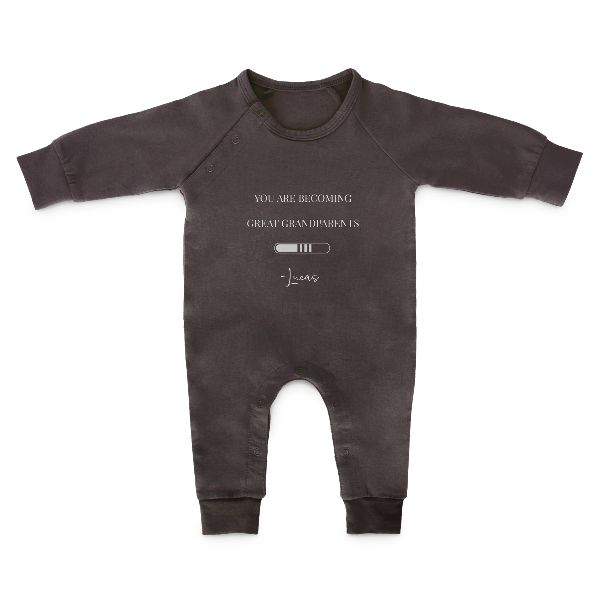 Babygrow personalizado cinzento com texto branco You are becoming great grandparents e nome Lucas