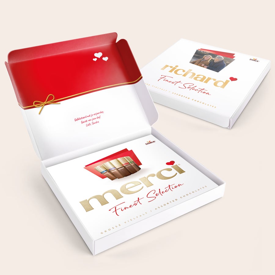 merci doos personaliseren - 250 gram Gepersonaliseerde merci doos Finest Selection 250 gram met eigen foto en tekst. Ideaal om merci doos personaliseren 250 gram cadeau te doen.