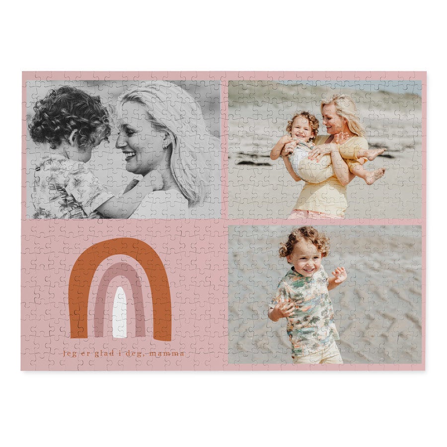 Personlig morsdagspuslespill med trykte bilder og teksten "jeg er glad i deg, mamma" med regnbuegrafikk.