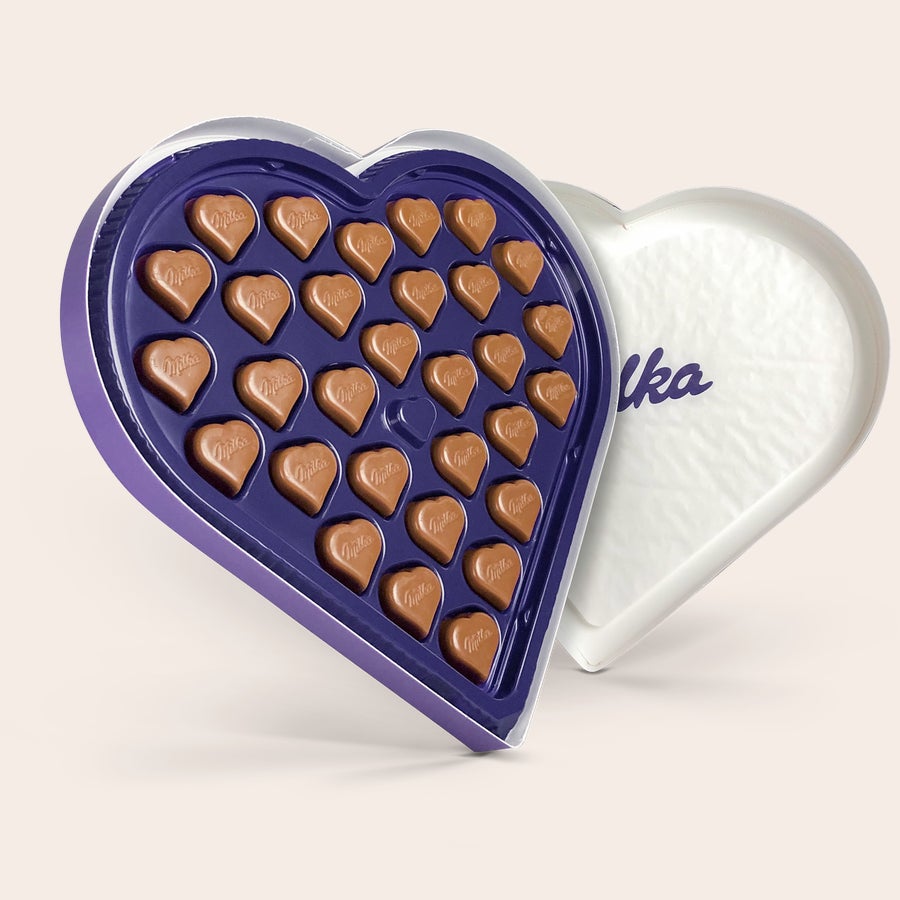 Corazón de Navidad Milka con nombre y foto Caja en forma de corazón con bombones Milka de chocolate con leche. Un corazón Milka personalizado para regalar.