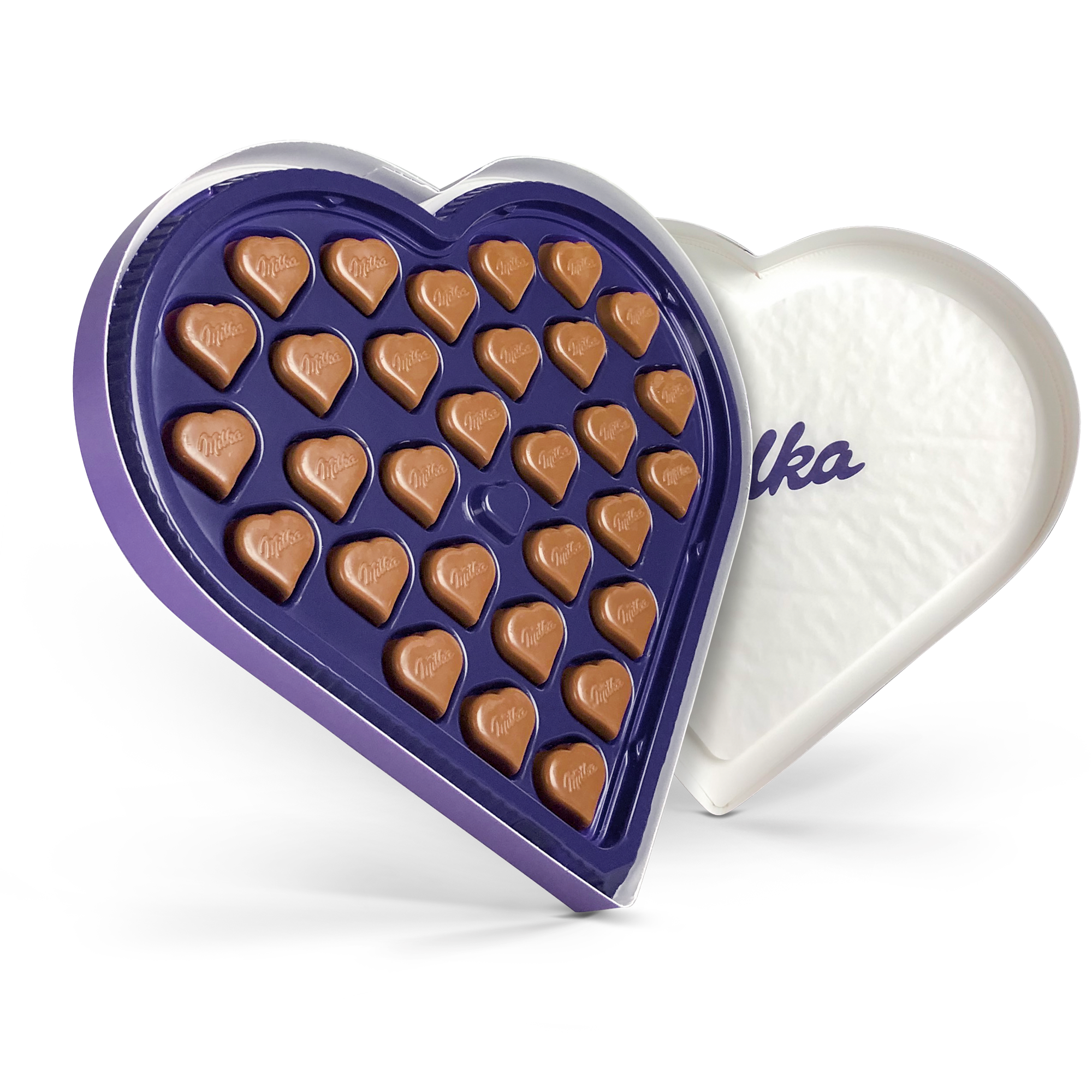 Een persoonlijk Milka hart, geopend met 30 hartvormige chocolaatjes en een Milka logo op de witte binnenzijde.