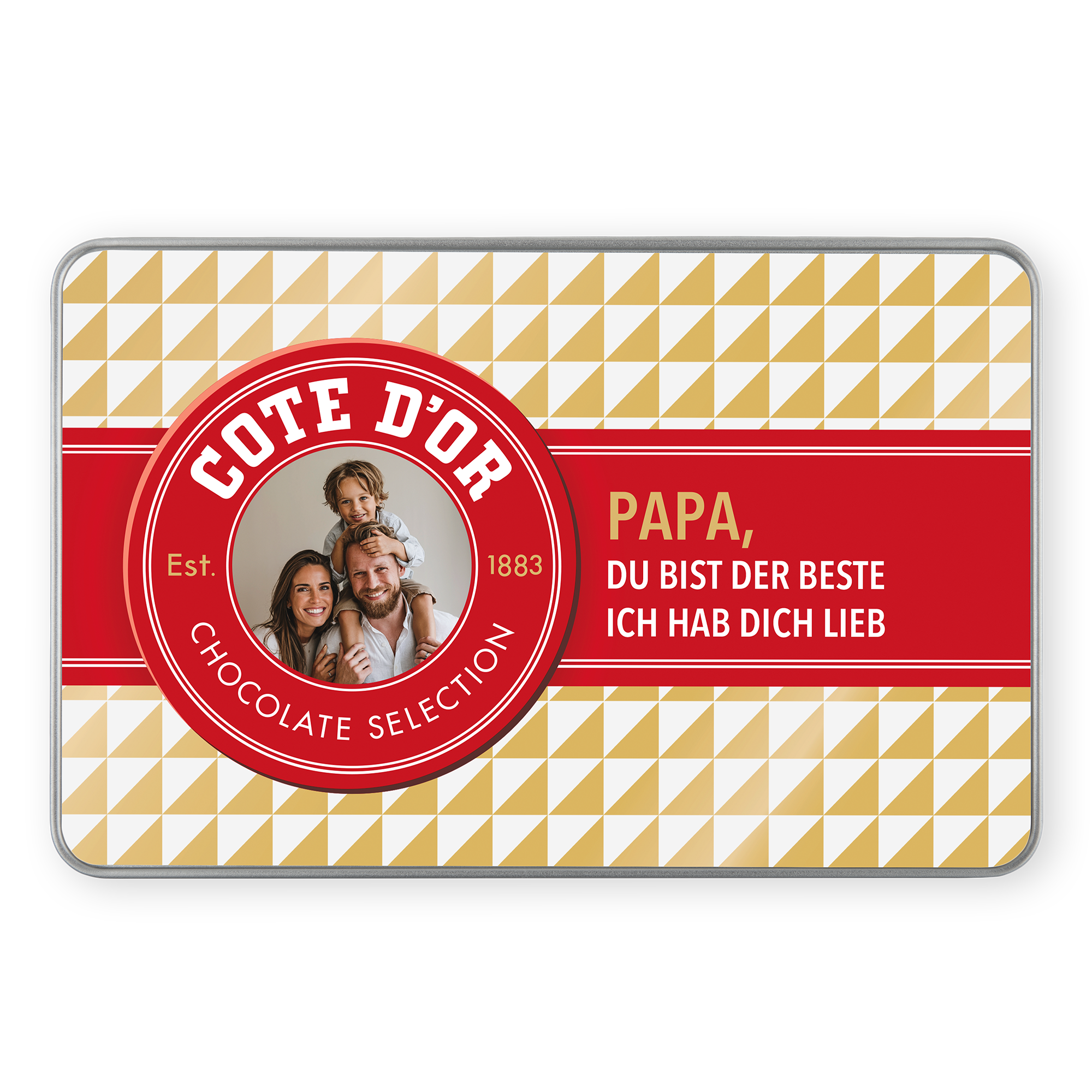 Personalisierte Geschenkdose mit Côte d’Or Schokolade bedruckt mit eigenem Foto und Text für Papa