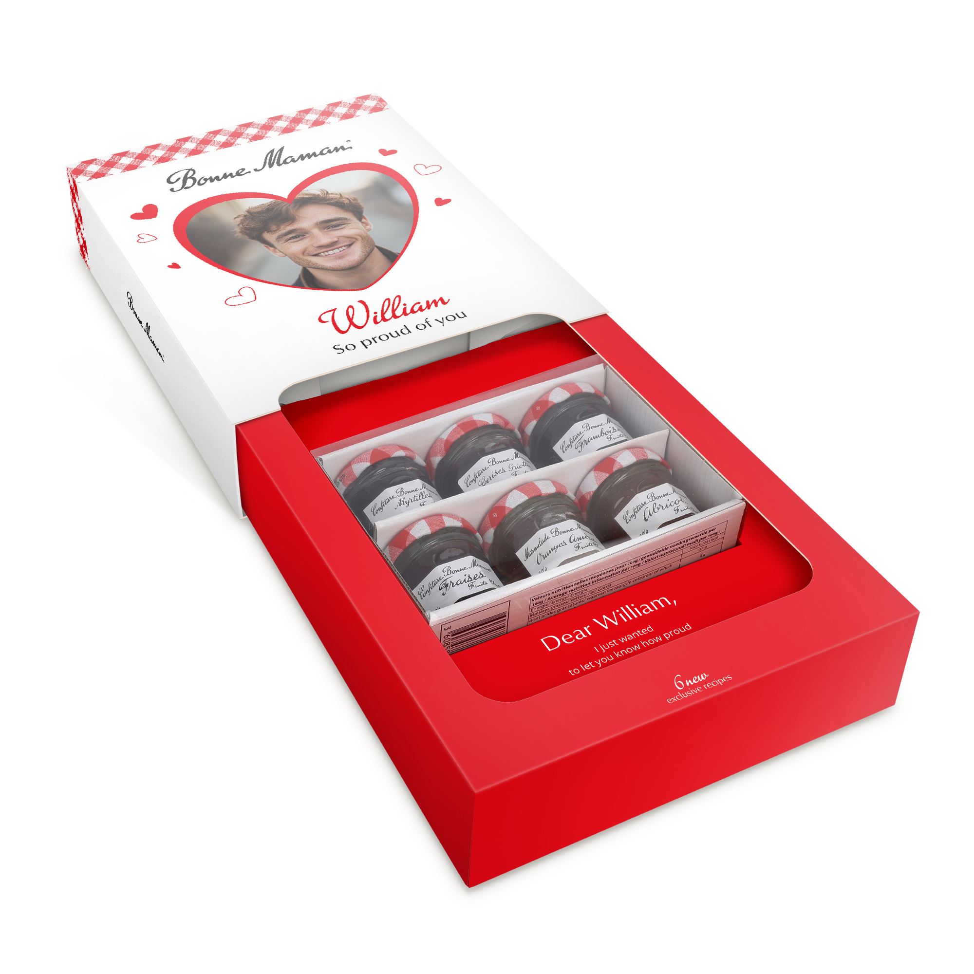 Confezione regalo Bonne Maman personalizzata con foto di un ragazzo e il testo William, So proud of you, contenente 6 mini confetture assortite