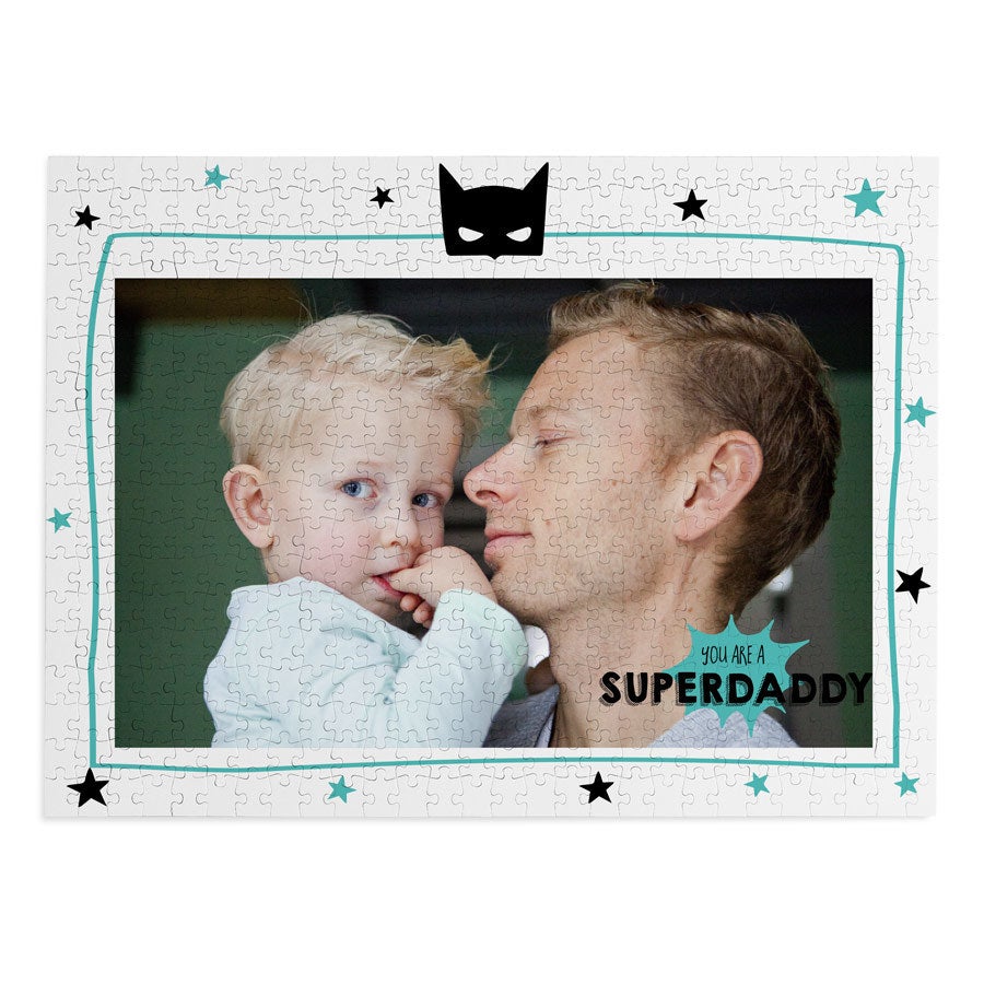 Puzzle per la festa del papà con foto padre-figlio, personalizzato con il testo You are a Superdaddy