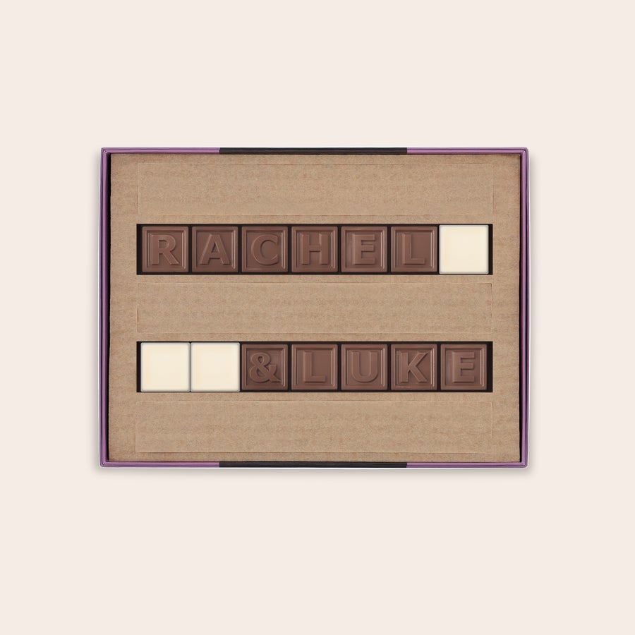 Chocotelegram® Pudełko czekoladek z literami Rachel & Luke, spersonalizowana wiadomość ukryta w czekoladzie