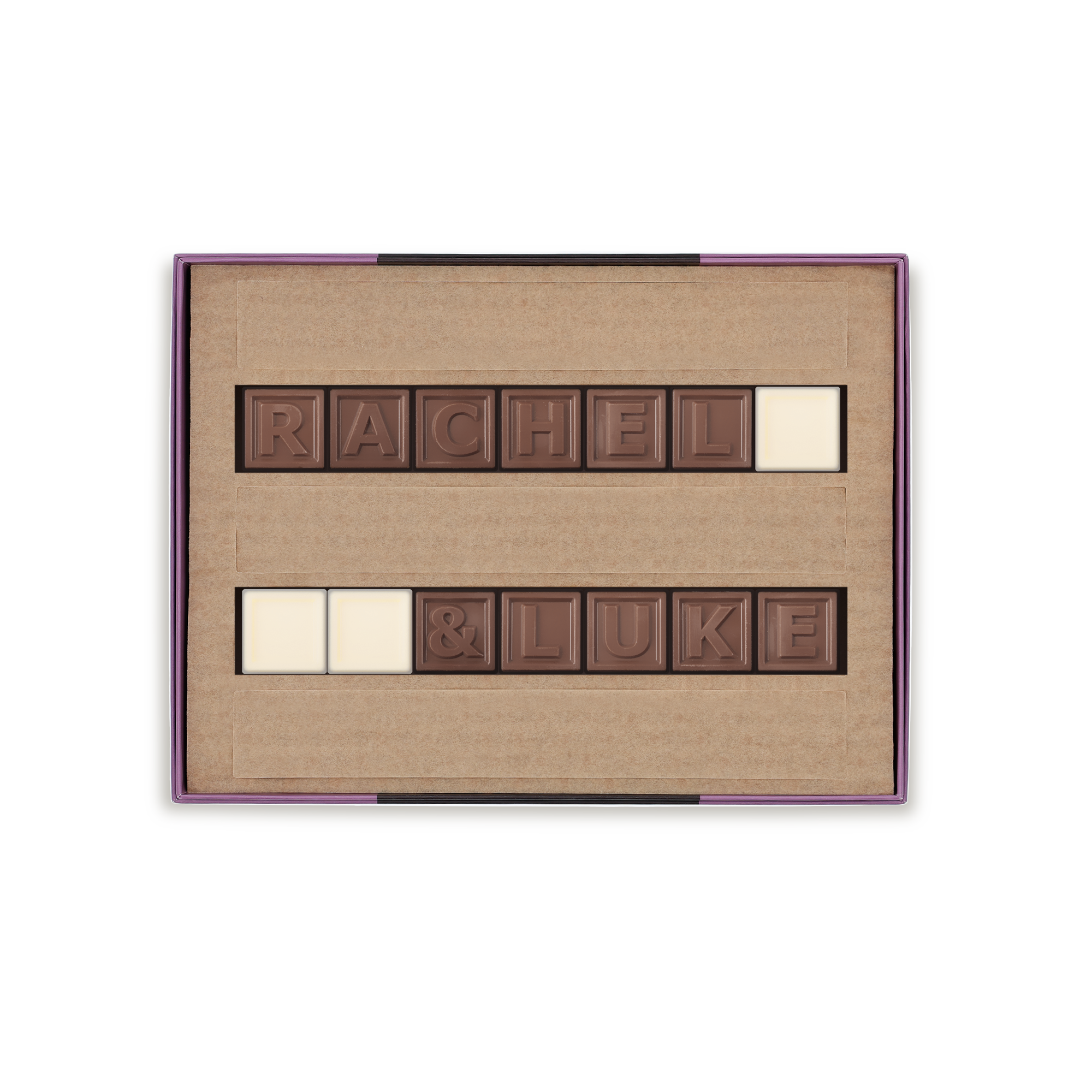 Personalized chocolate telegram in a brown box spells out RACHEL & LUKE in milk chocolate with white chocolate spaces