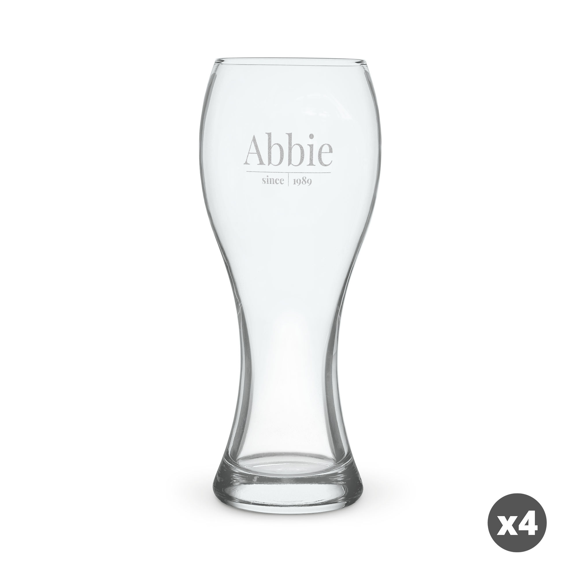 XL beer glass engraved with the name Abbie and the text since 1989 on the front