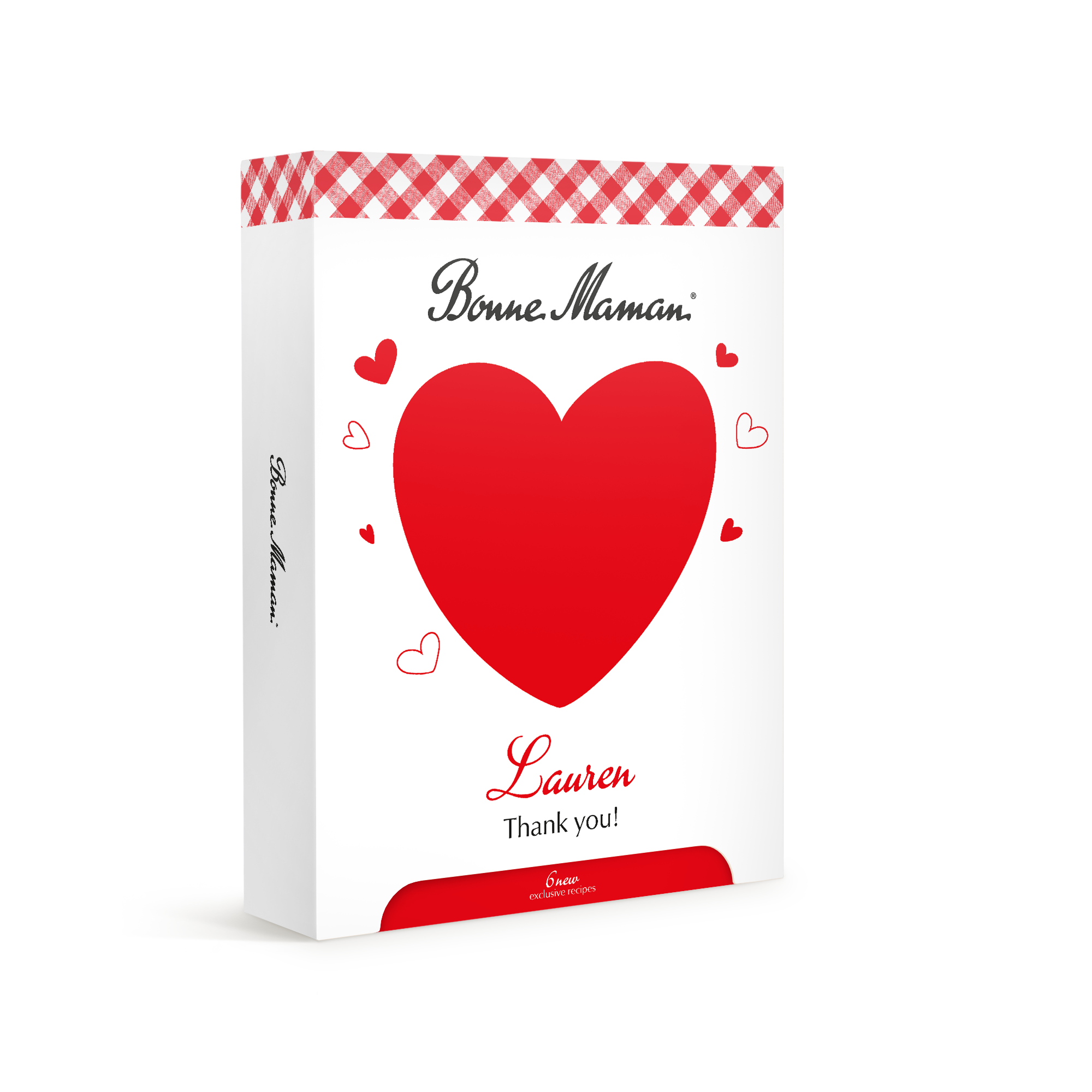 Caja de regalo Bonne Maman personalizada con corazones rojos, el nombre "Lauren" y el mensaje "Thank you!". ¡Sorpréndelos con una caja de regalo única y deliciosa de Bonne Maman!