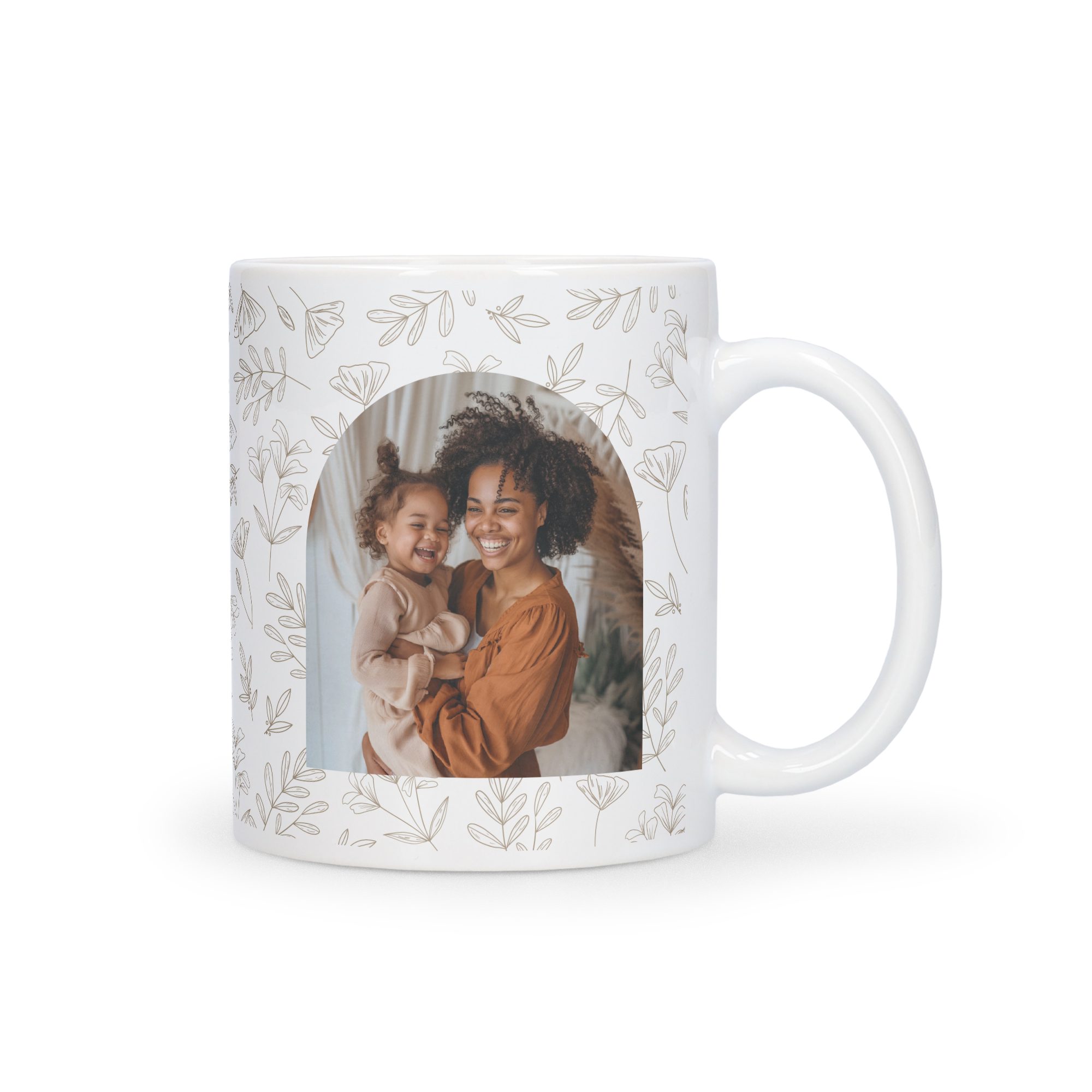 Mug Fête des Mères personnalisé avec une photo de maman et son enfant entourée de motifs floraux.