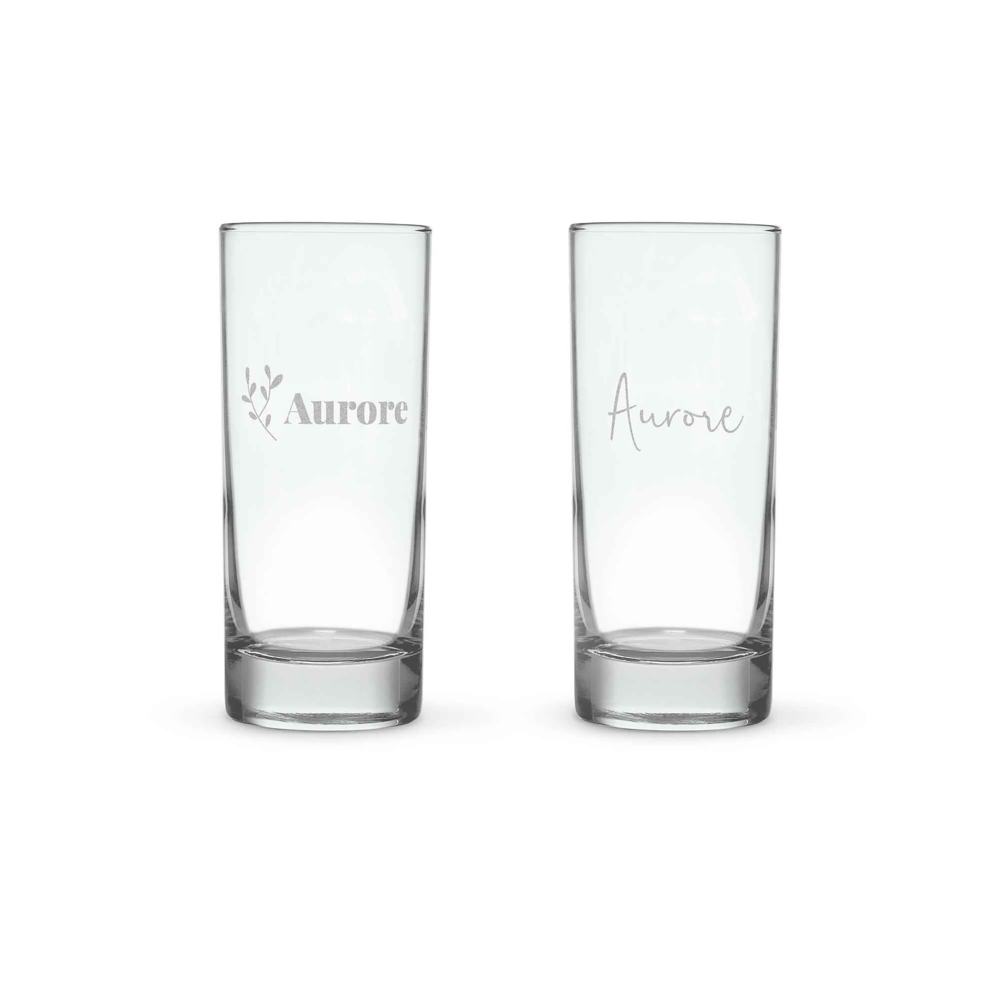 Verres Ricard et Pastis transparents personnalisés par gravure avec le prénom Aurore et des ornements