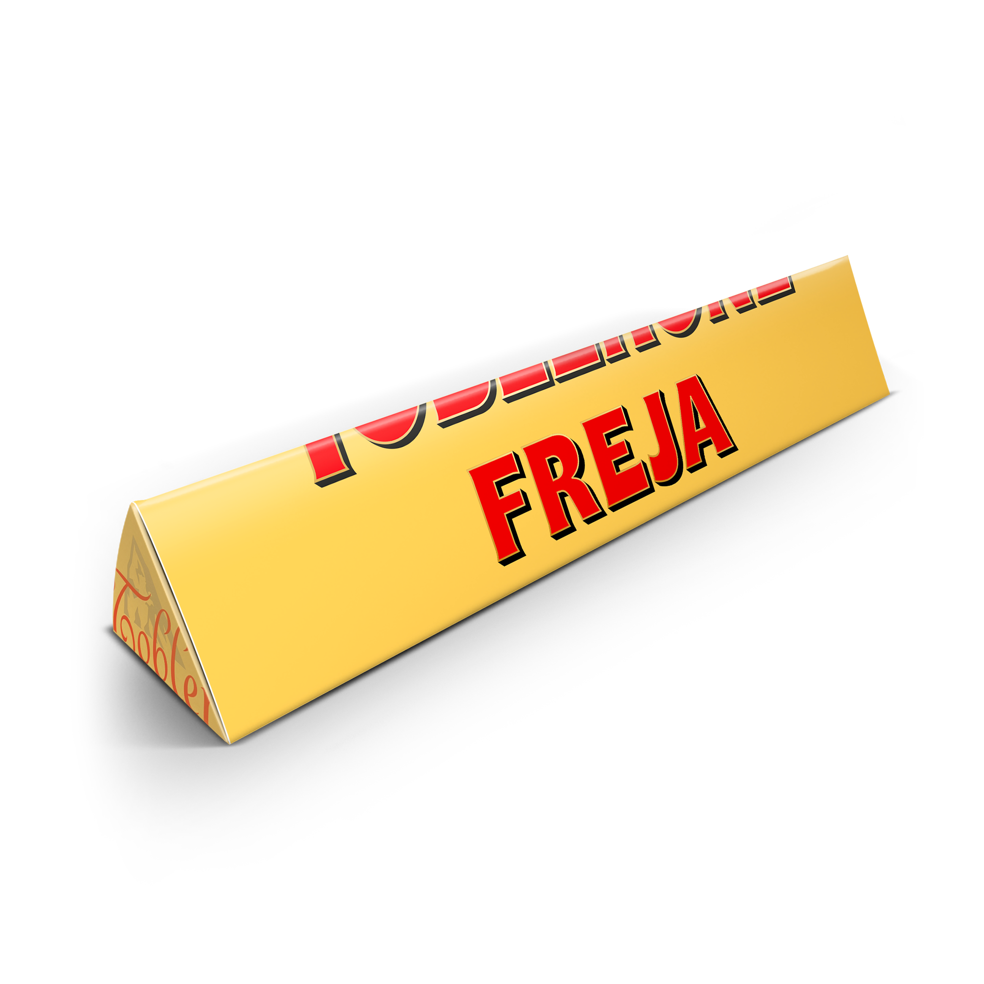 Personaliserad Toblerone med namnet Freja tryckt i rött på förpackningen. En personaliserad Toblerone är betydligt godare.