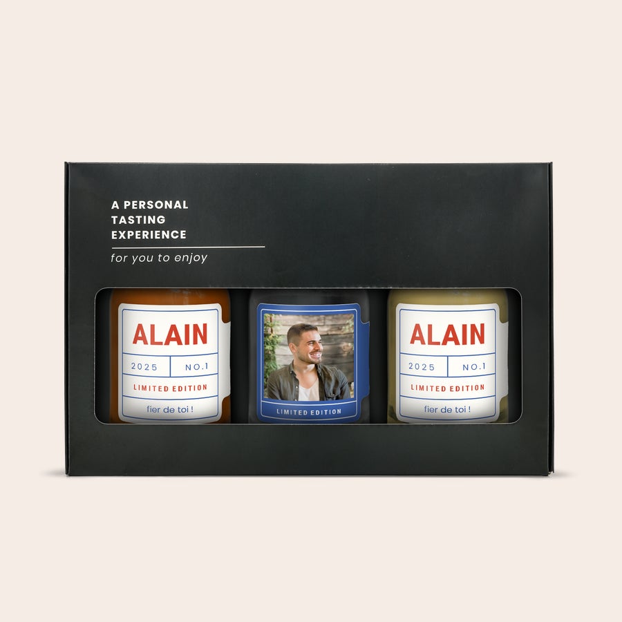 Dégustation d'alcool miniature - Vodka - Rhum - Whisky Coffret de dégustation de spiritueux en format miniature personnalisé avec photo et texte imprimés