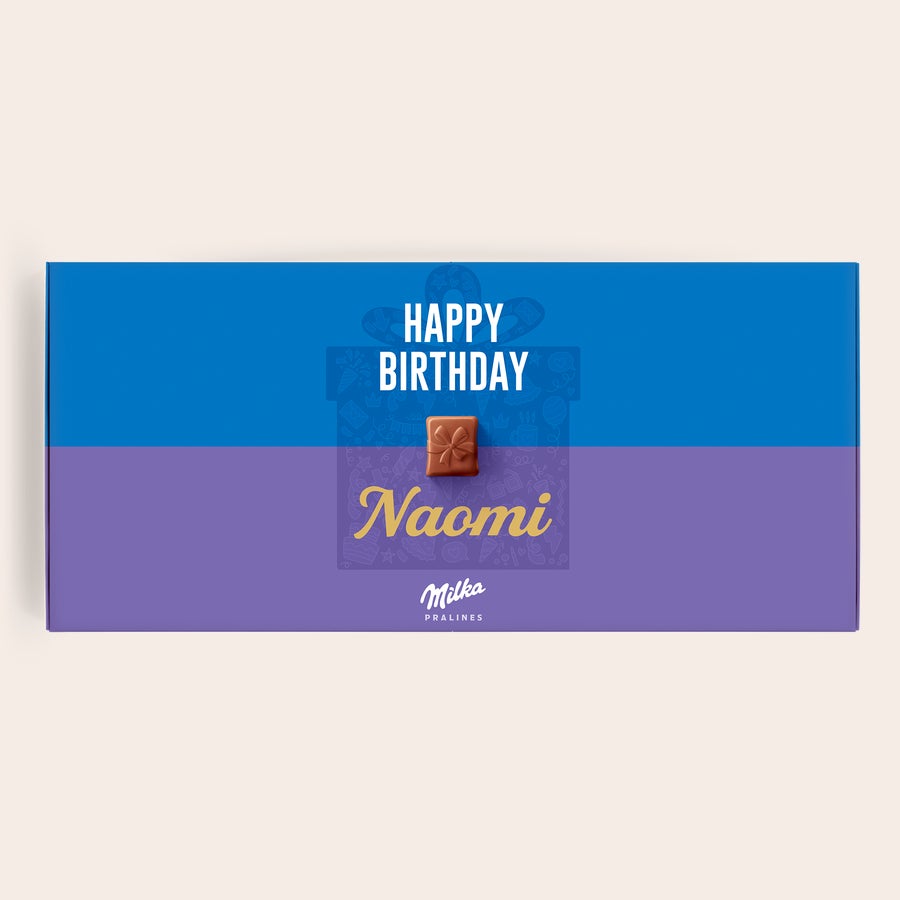 Milka Pralines Happy Birthday Gepersonaliseerde Milka chocolade cadeauverpakking met 'Happy Birthday' en de naam 'Naomi' erop geprint. Feliciteer met een persoonlijk Milka chocolade cadeau.