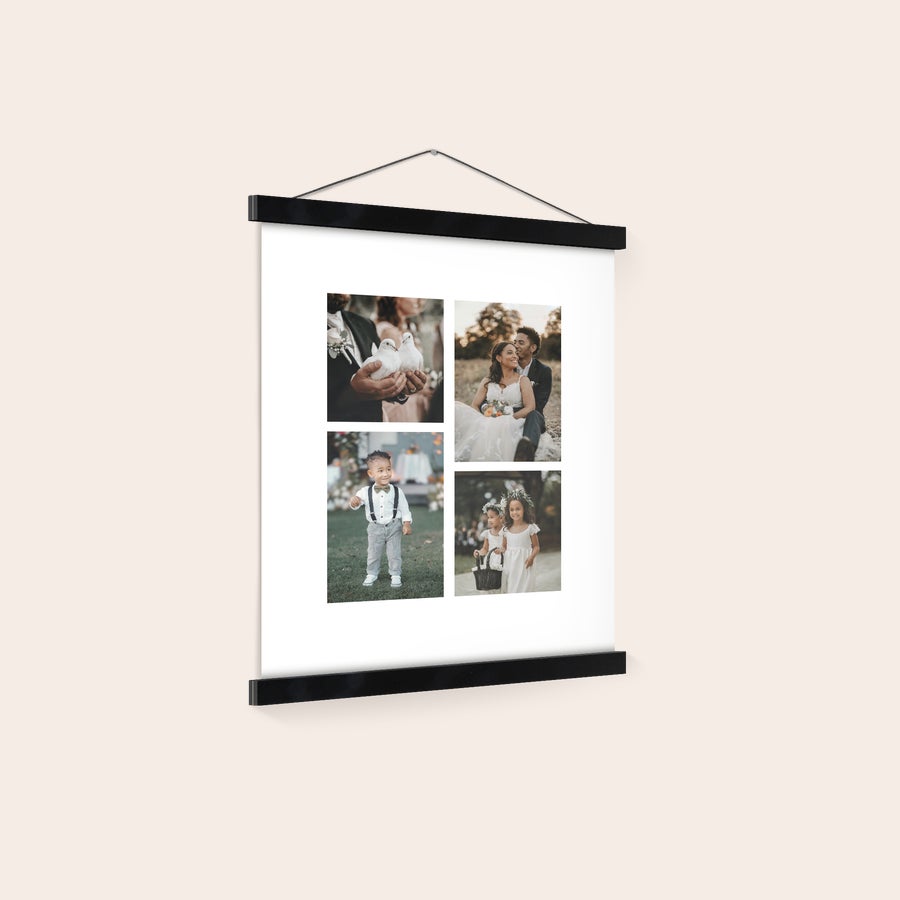 Personalised poster with hanger Personalized magnetic poster hanger with four custom photos of weddings and children