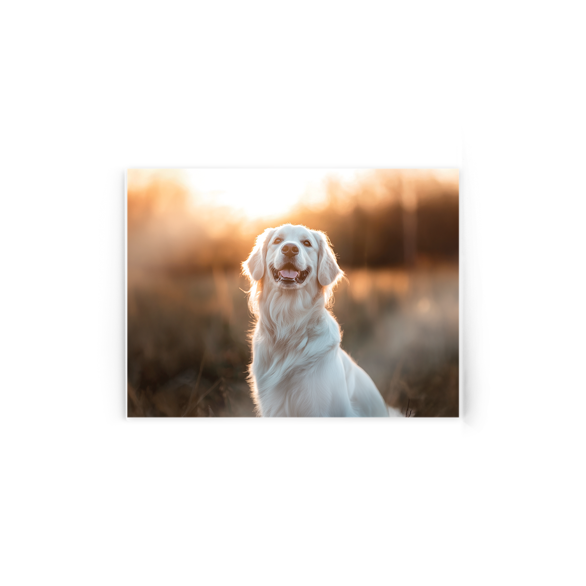 Fotografie acrilică personalizată cu un câine Golden Retriever la apus, imprimată direct