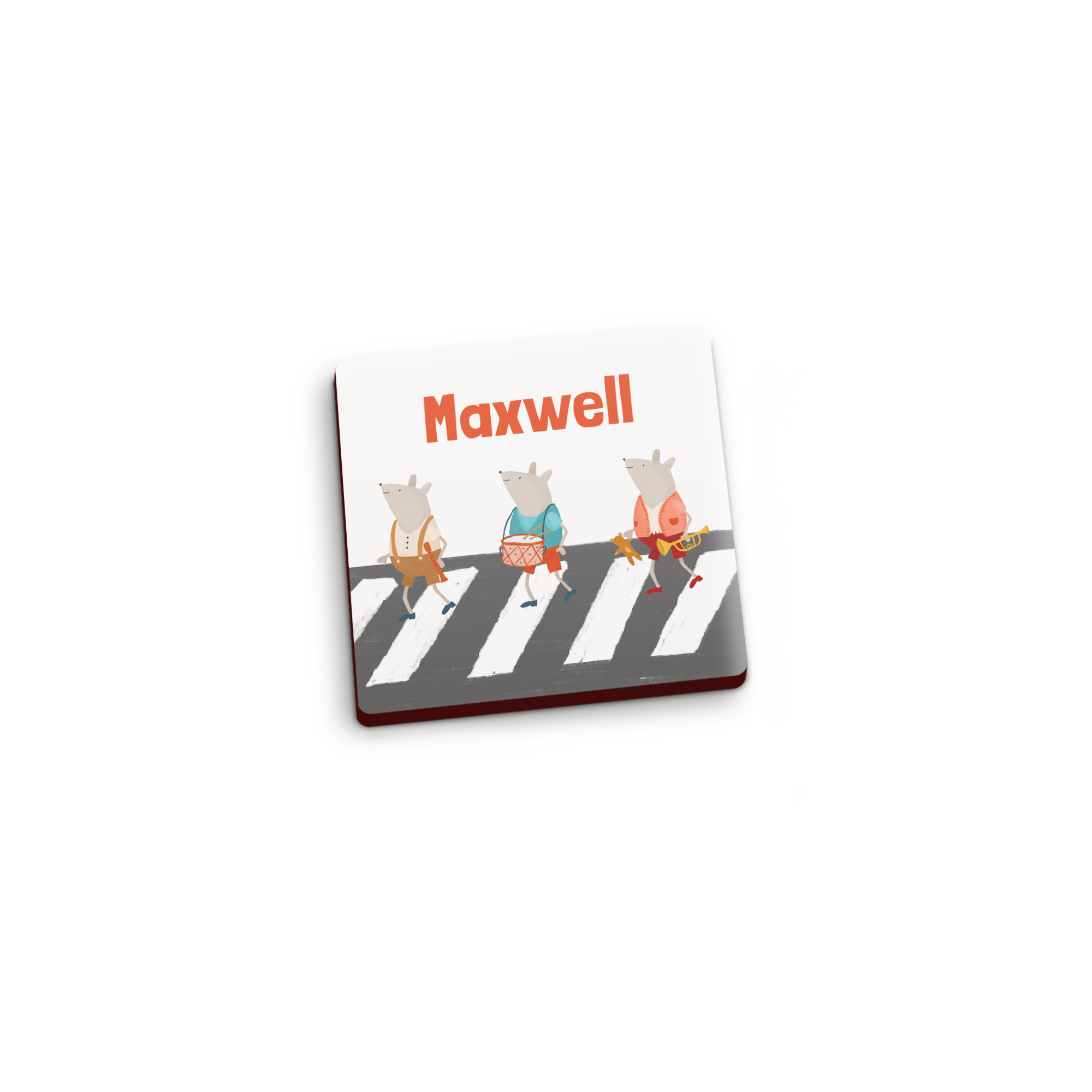 Square personalised magnet printed with the name Maxwell and three cartoon mice on a crosswalk