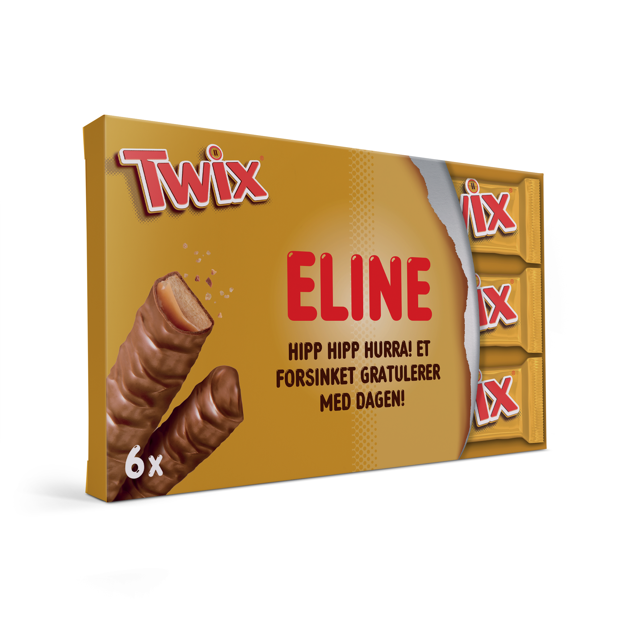 Personlig Twix gaveeske med 6 sjokoladebarer, trykt med navnet 