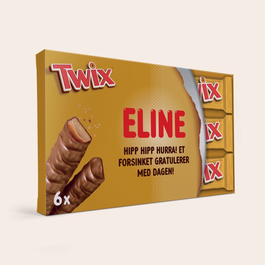 Personlig Twix sjokoladeplate Personlig Twix gaveeske med 6 sjokoladebarer, trykt med navnet "ELINE" og melding.