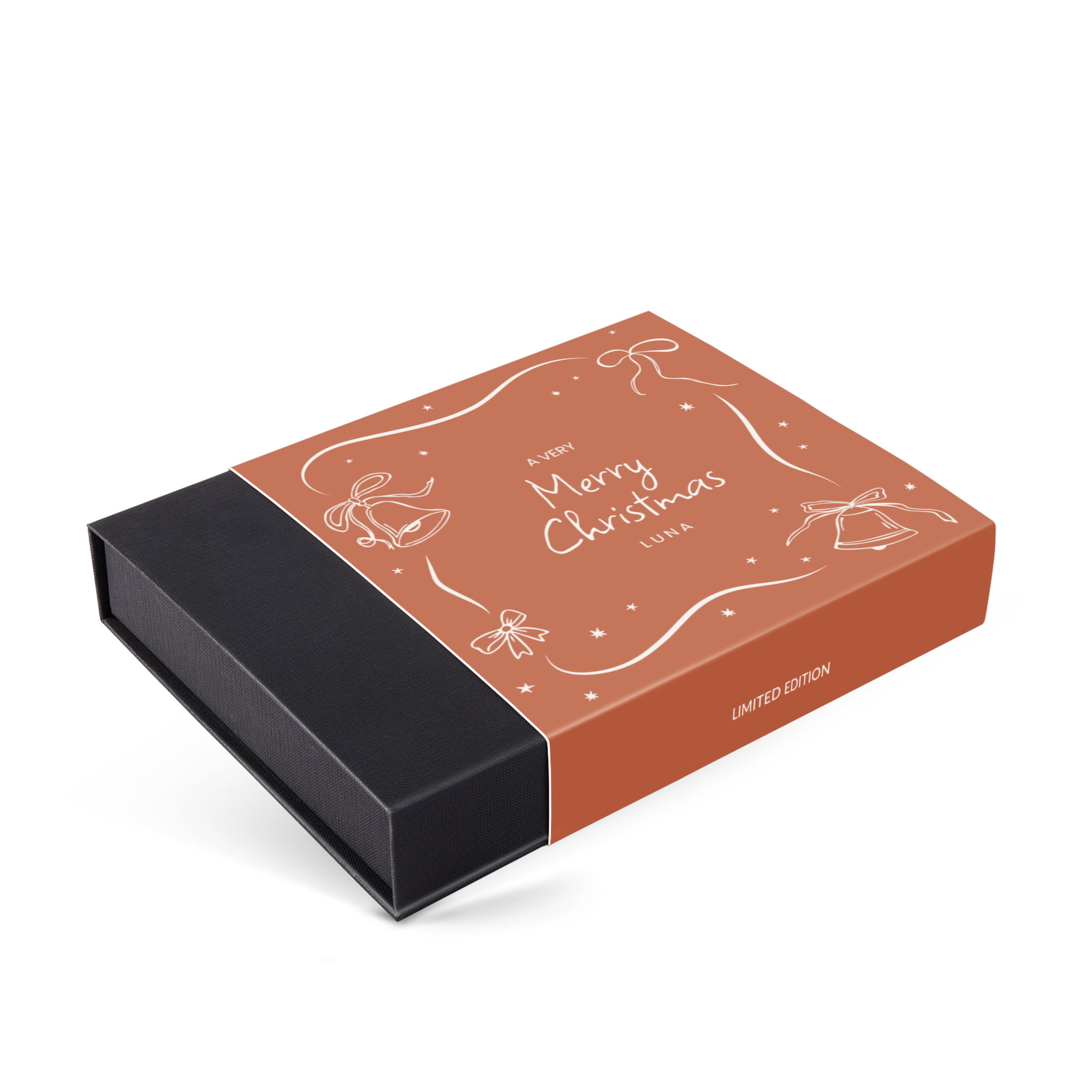Personalised deluxe chocolates in a brown box with "A Very Merry Christmas Luna" printed on it