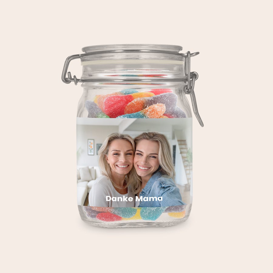 Personalisierte Bonbonglas Personalisiertes Bonbonglas mit sauren Stäbchen und einem Foto von zwei Frauen, bedruckt mit dem Text "Danke Mama".