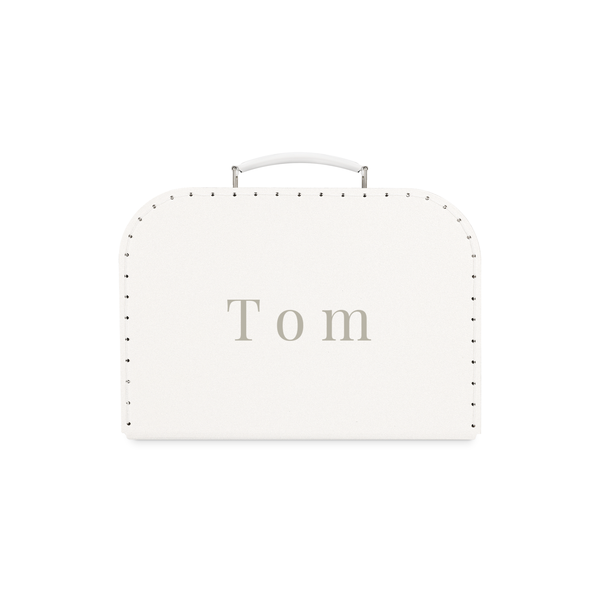 Valisette blanche en carton avec poignée, imprimée du prénom Tom pour ranger les affaires et souvenirs de votre enfant