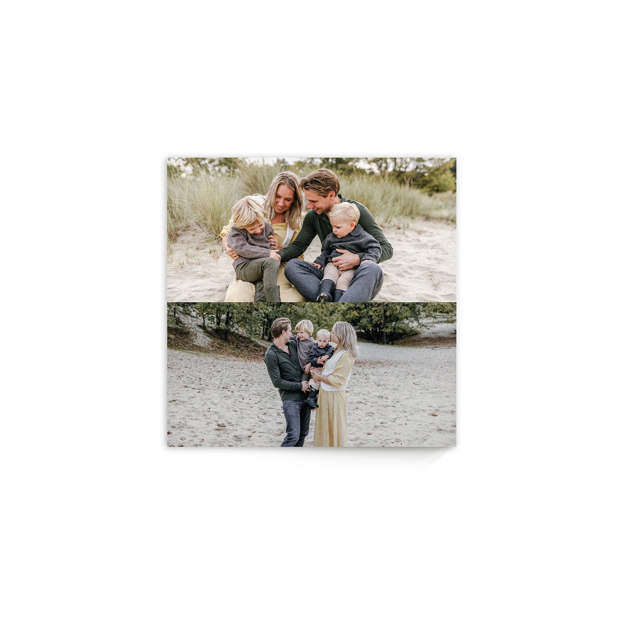 Fotografie pe lemn personalizată cu două imagini de familie, imprimată color pe panou.