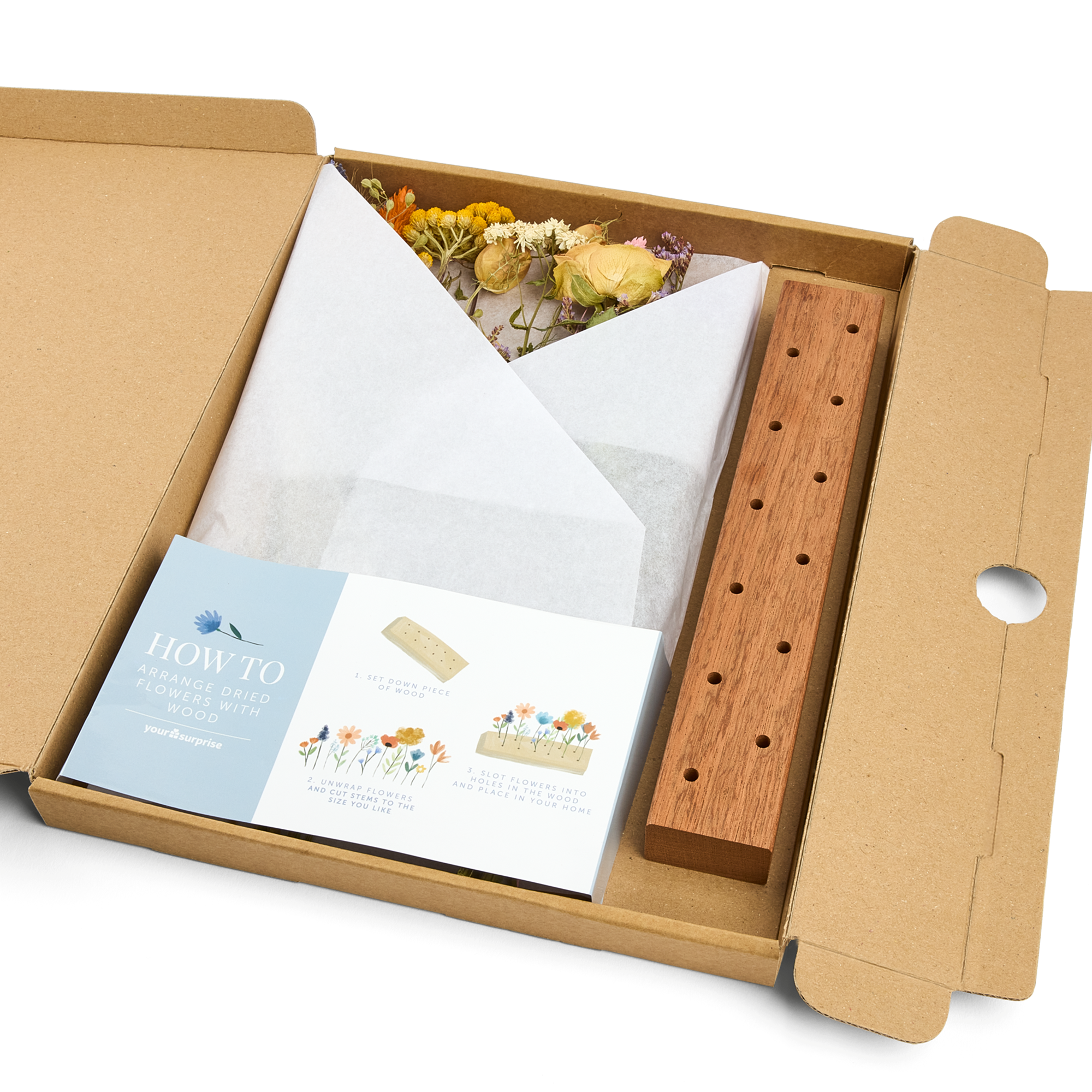 Fleurs séchées avec support en bois personnalisé