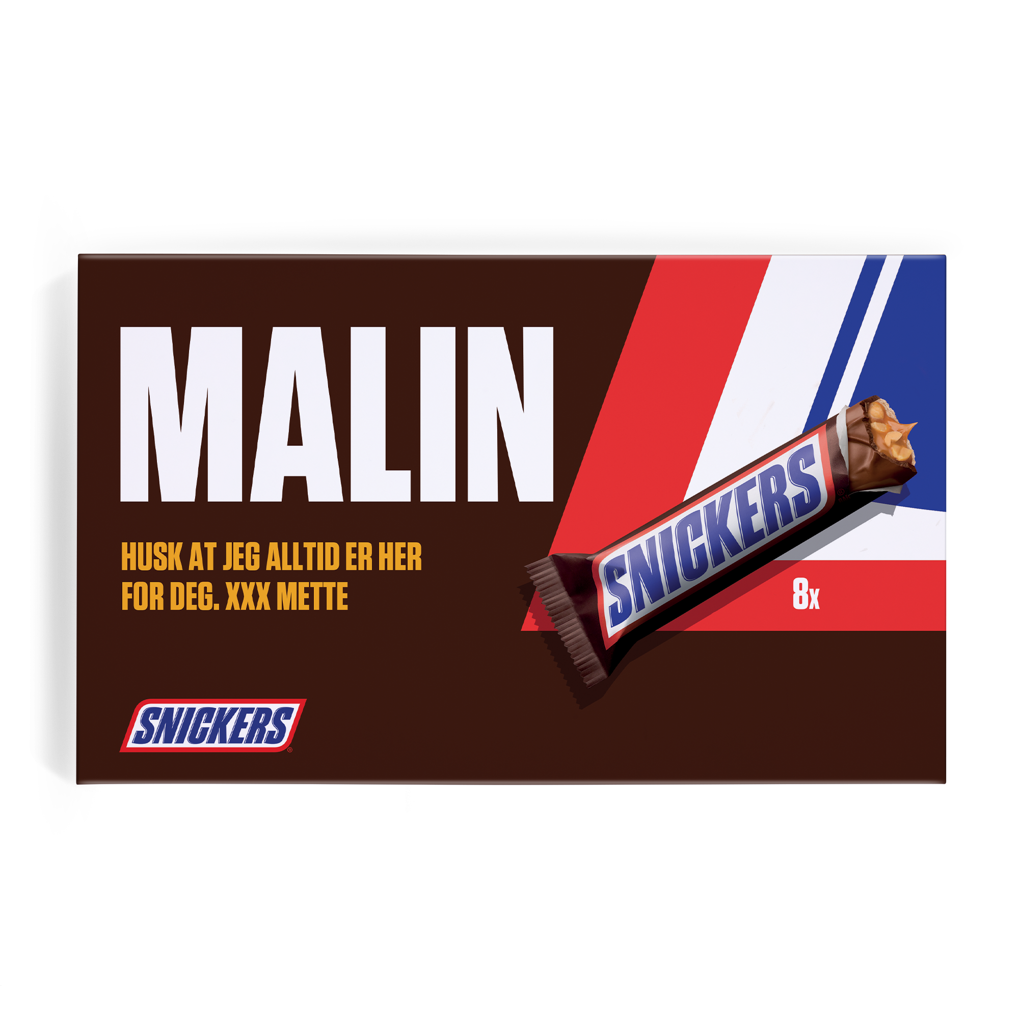 Personlig tilpasset Snickers gaveeske med navn Malin og melding, og et Snickers-bilde.