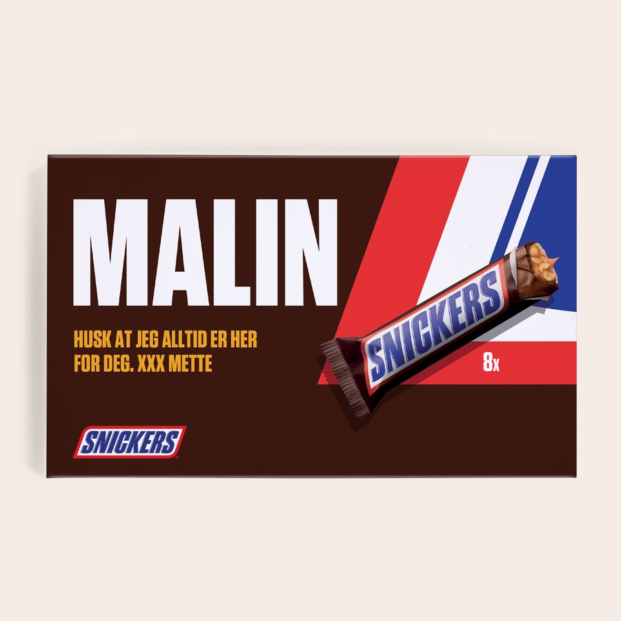 Personlig tilpasset Snickers gaveeske Personlig tilpasset Snickers gaveeske med navn Malin og melding, og et Snickers-bilde.