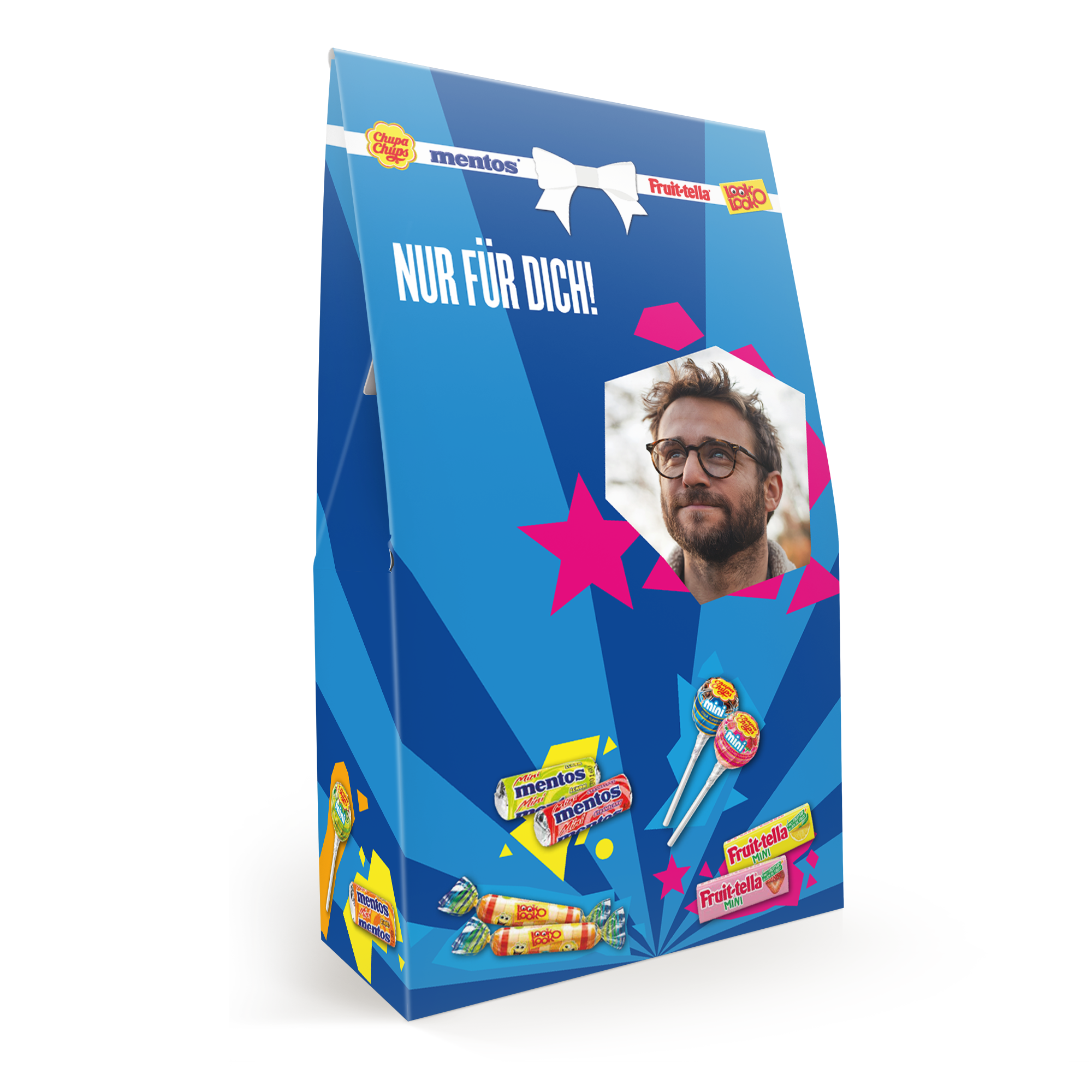 Personalisierte Fruit-tella-Bonbonmischung mit Foto und der Aufschrift NUR FÜR DICH gedruckt auf der Verpackung.