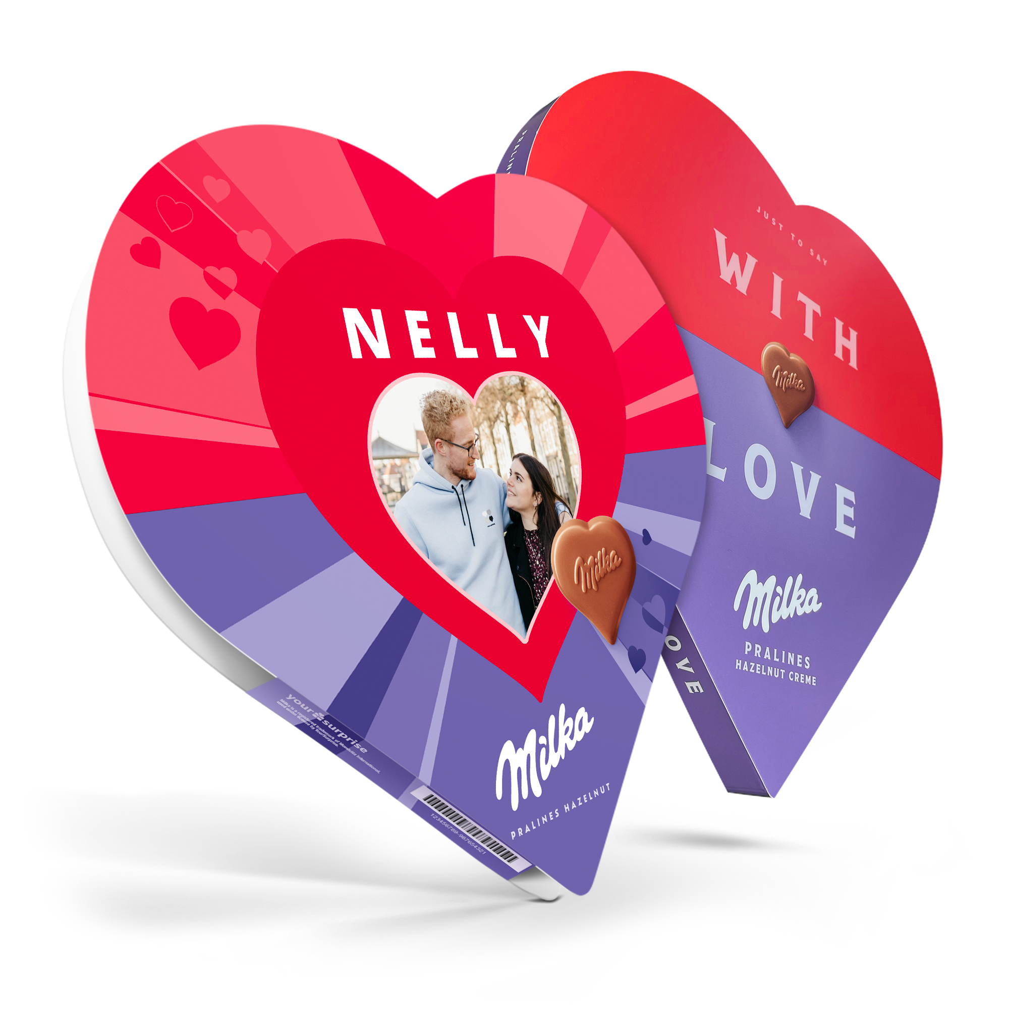 Zwei I love Milka Herzschachteln, eine personalisiert mit dem Namen Nelly und einem Paarfoto