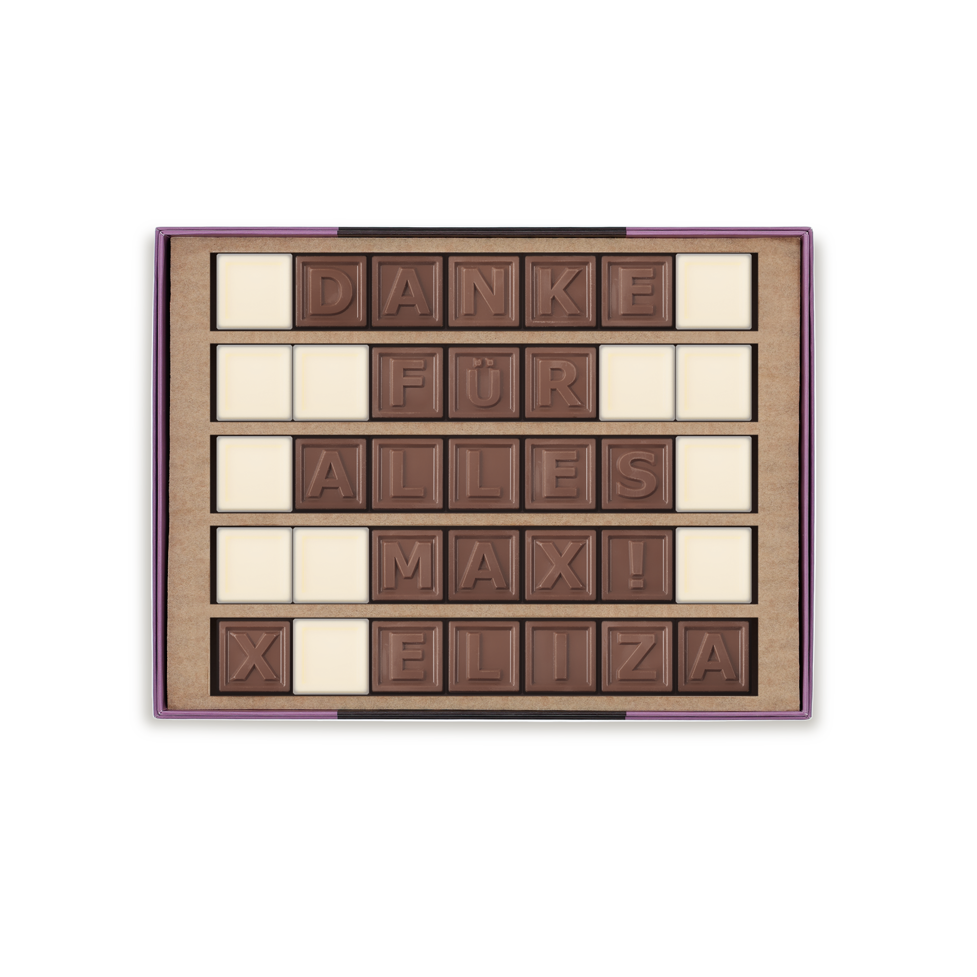 Dein persönliches Schoko-Telegramm mit den Worten Danke für alles Max und Eliza aus Vollmilchschokolade