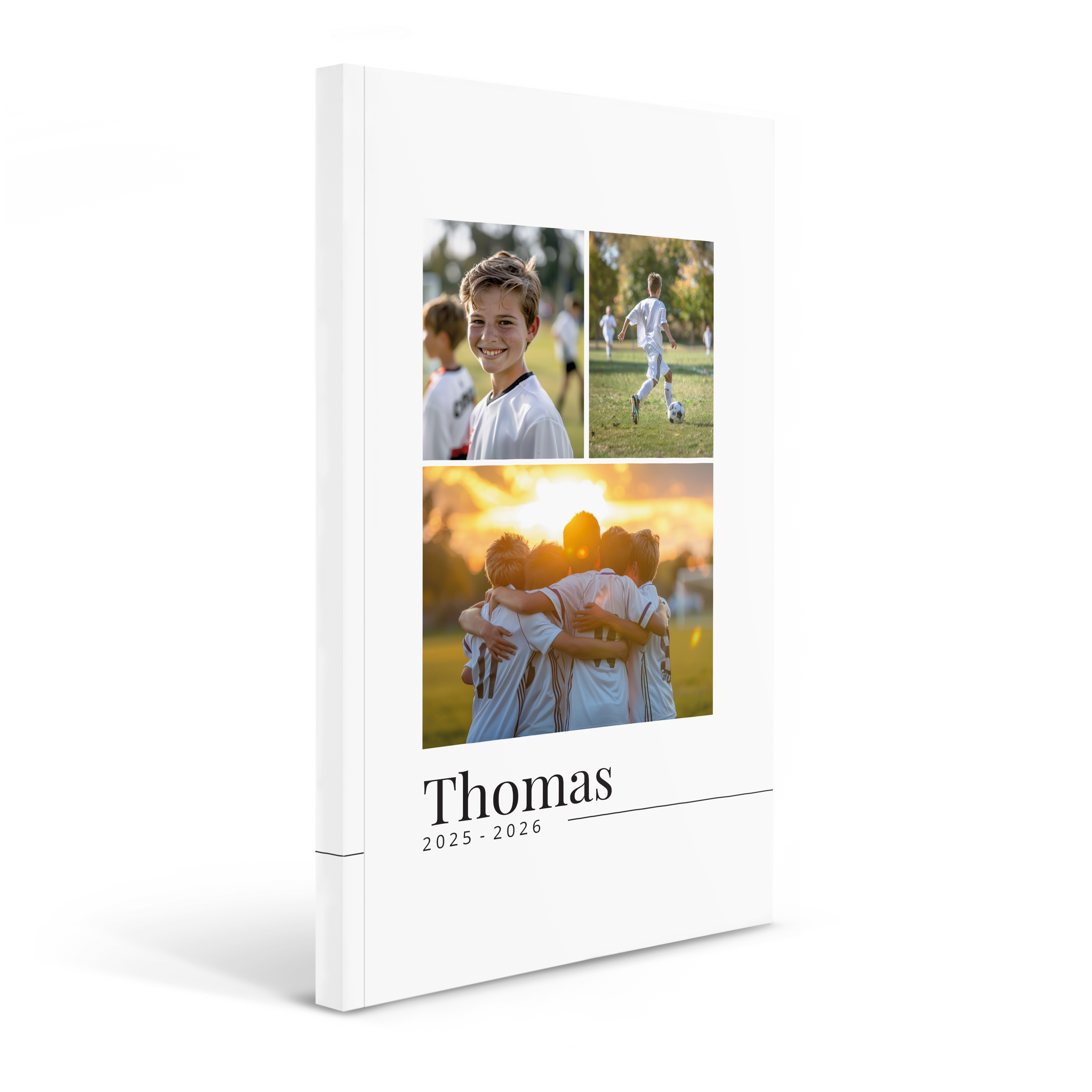 Personalised printed school diary with photo collage of soccer players and the name Thomas, 2025-2026.
