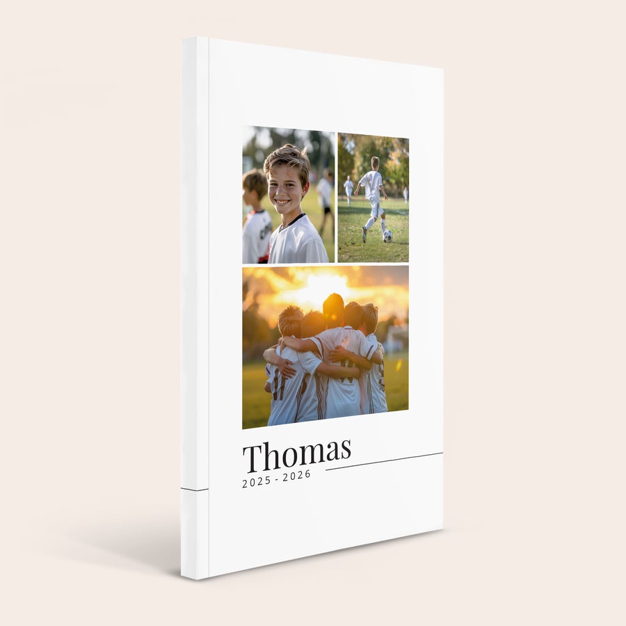 Personalizirani šolski načrtovalec 2025-2026 Bel tiskan šolski dnevnik z vašimi tremi fotografijami Thomas in letnico 2025-2026.