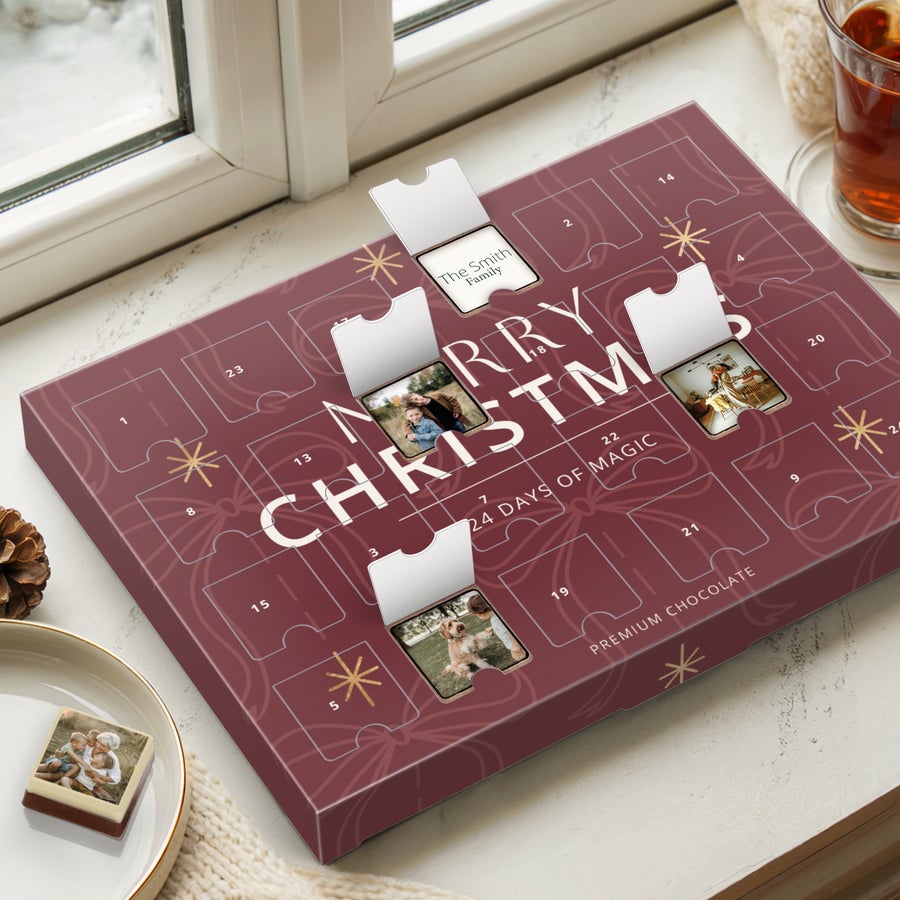 Calendario dell'avvento personalizzato - Cioccolatini fotografici Calendario dell'avvento personalizzato con cioccolatini fotografici, stampa foto o testo sulla scatola e sui cioccolatini.