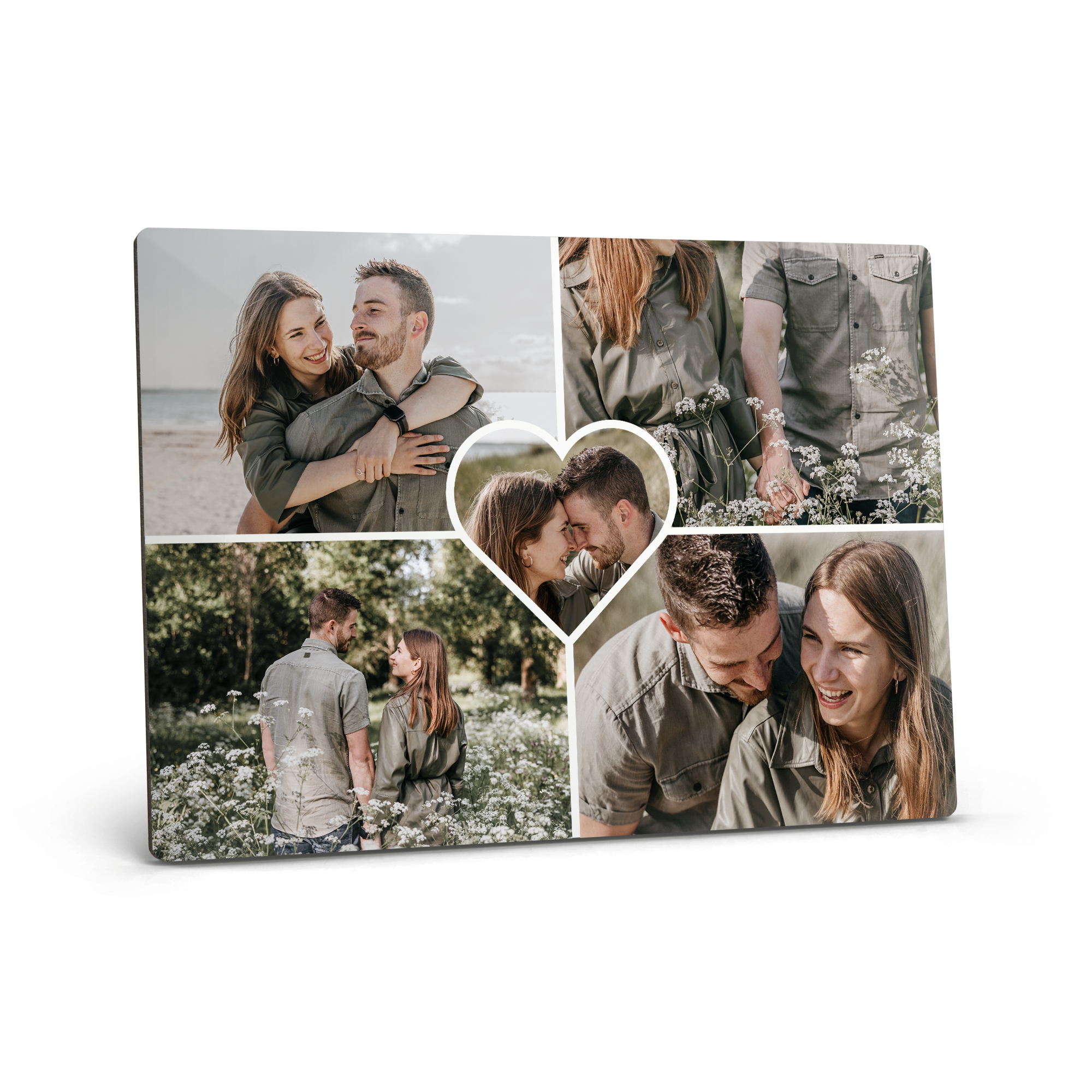 Personalisierter Bilderrahmen mit mehreren Fotos eines Paares und einem herzförmigen Foto in der Mitte, gedruckt auf Hartfaserplatte mit Hochglanzfinish.