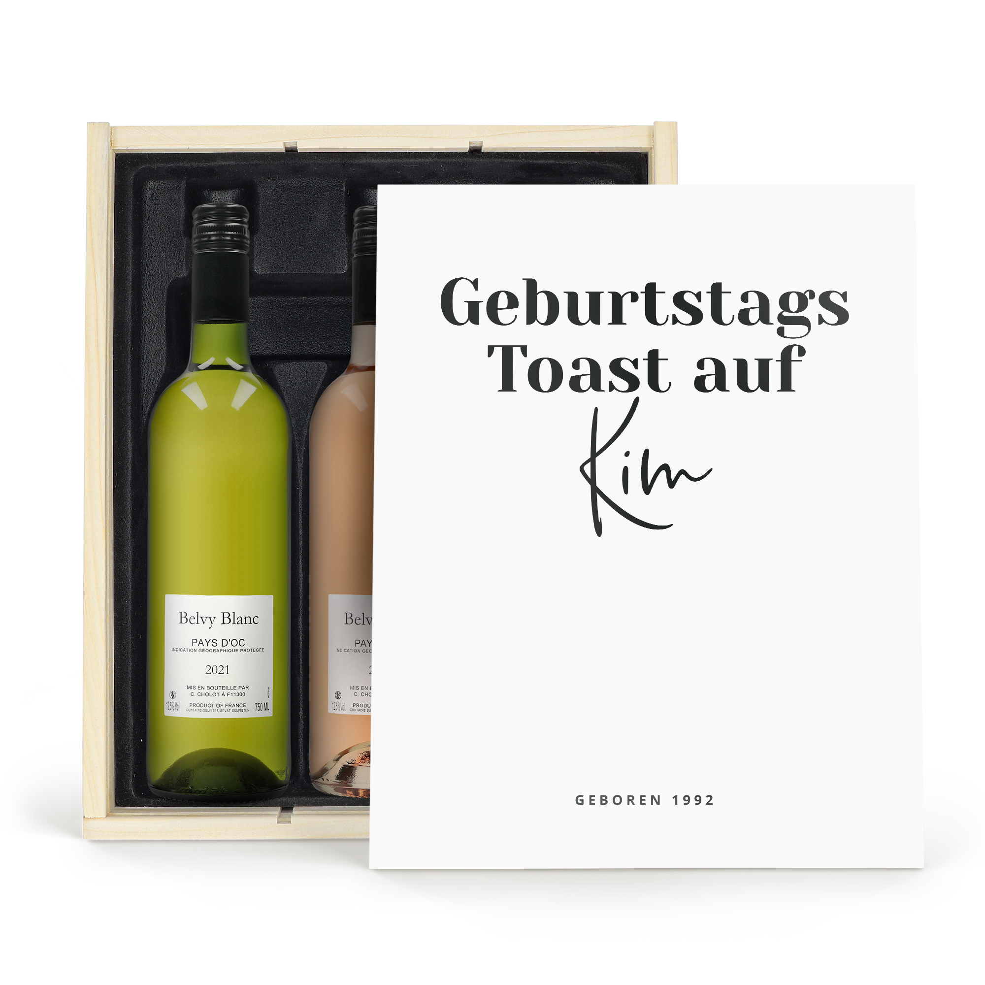 Wein Geschenkset Belvy in Holzkiste mit Belvy Blanc Weißwein und Roséwein, personalisiert mit "Geburtstags Toast auf Kim GEBOREN 1992" auf dem Deckel