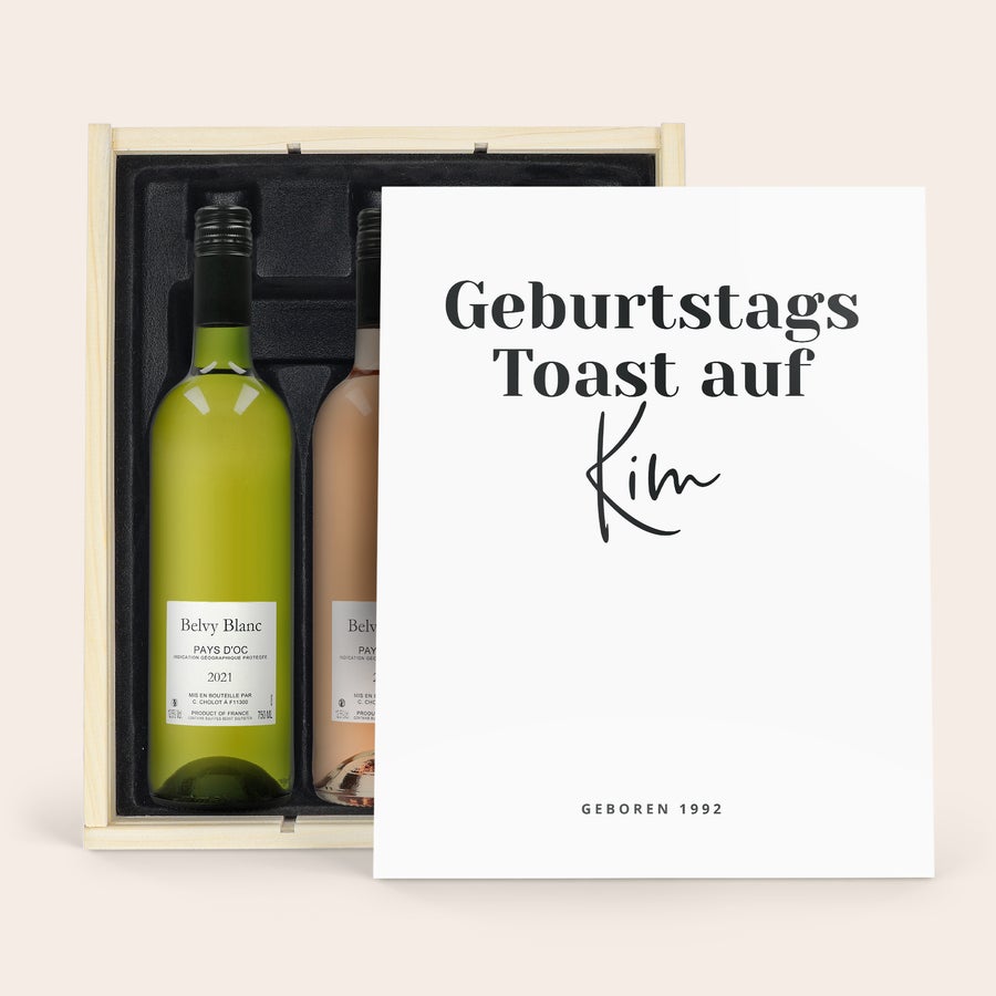 Belvy Rot & Weiß & Rosé - Wein Geschenkset Holzkiste Wein Geschenkset Belvy in Holzkiste mit Belvy Blanc Weißwein und Roséwein, personalisiert mit "Geburtstags Toast auf Kim GEBOREN 1992" auf dem Deckel