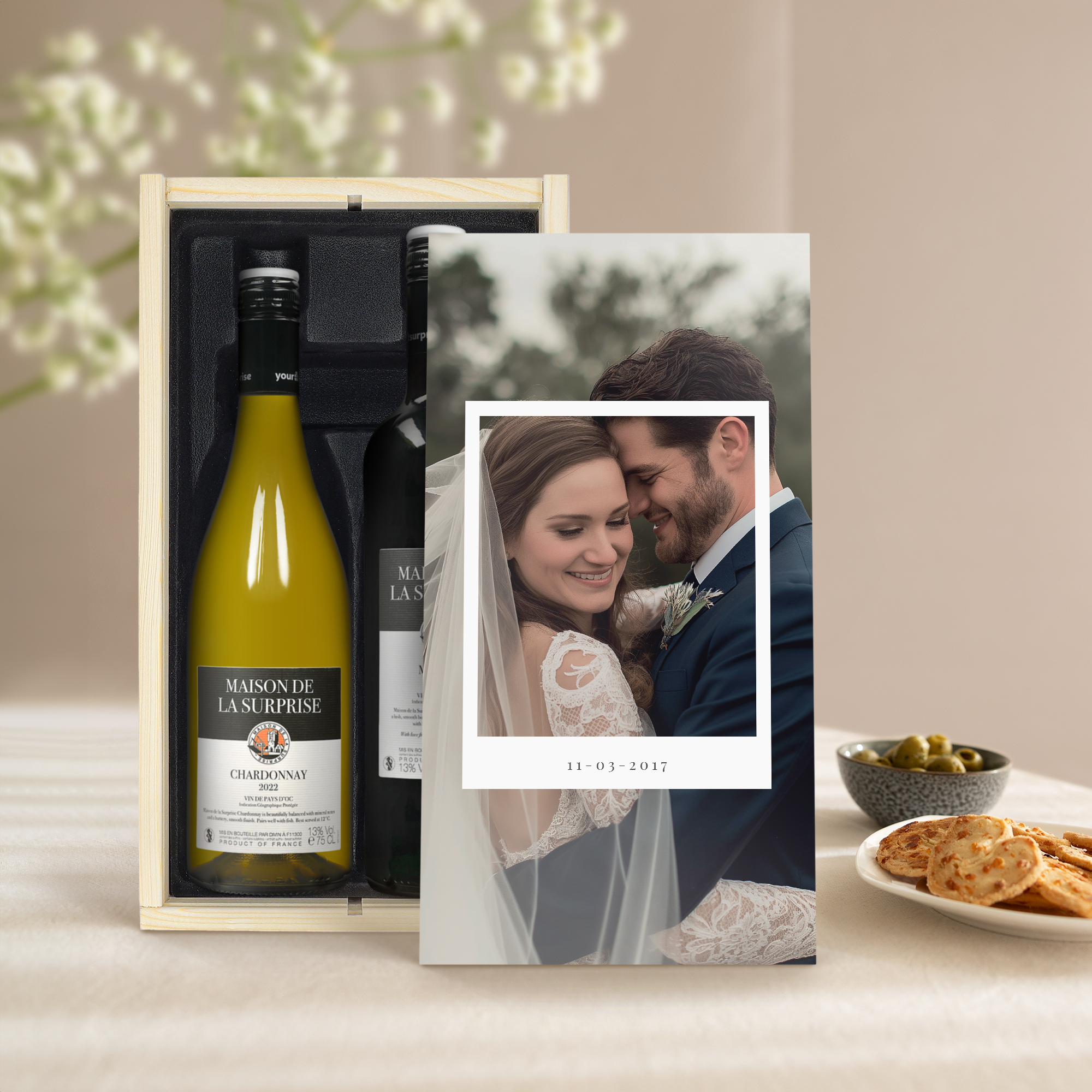 Personalized Maison de la Surprise wine in a wooden case with a printed photo of a wedding couple and a date