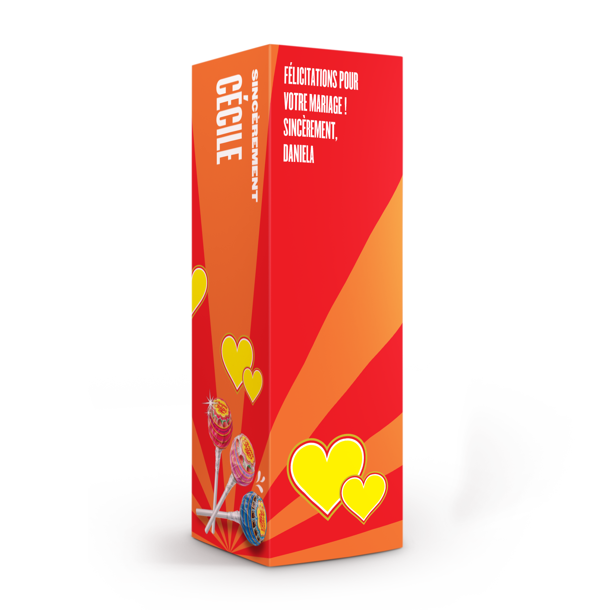 Coffret cadeau Chupa Chups personnalisé avec un message pour un mariage, FÉLICITATIONS POUR VOTRE MARIAGE ! SINCÈREMENT, DANIELA, et le nom CÉCILE imprimé